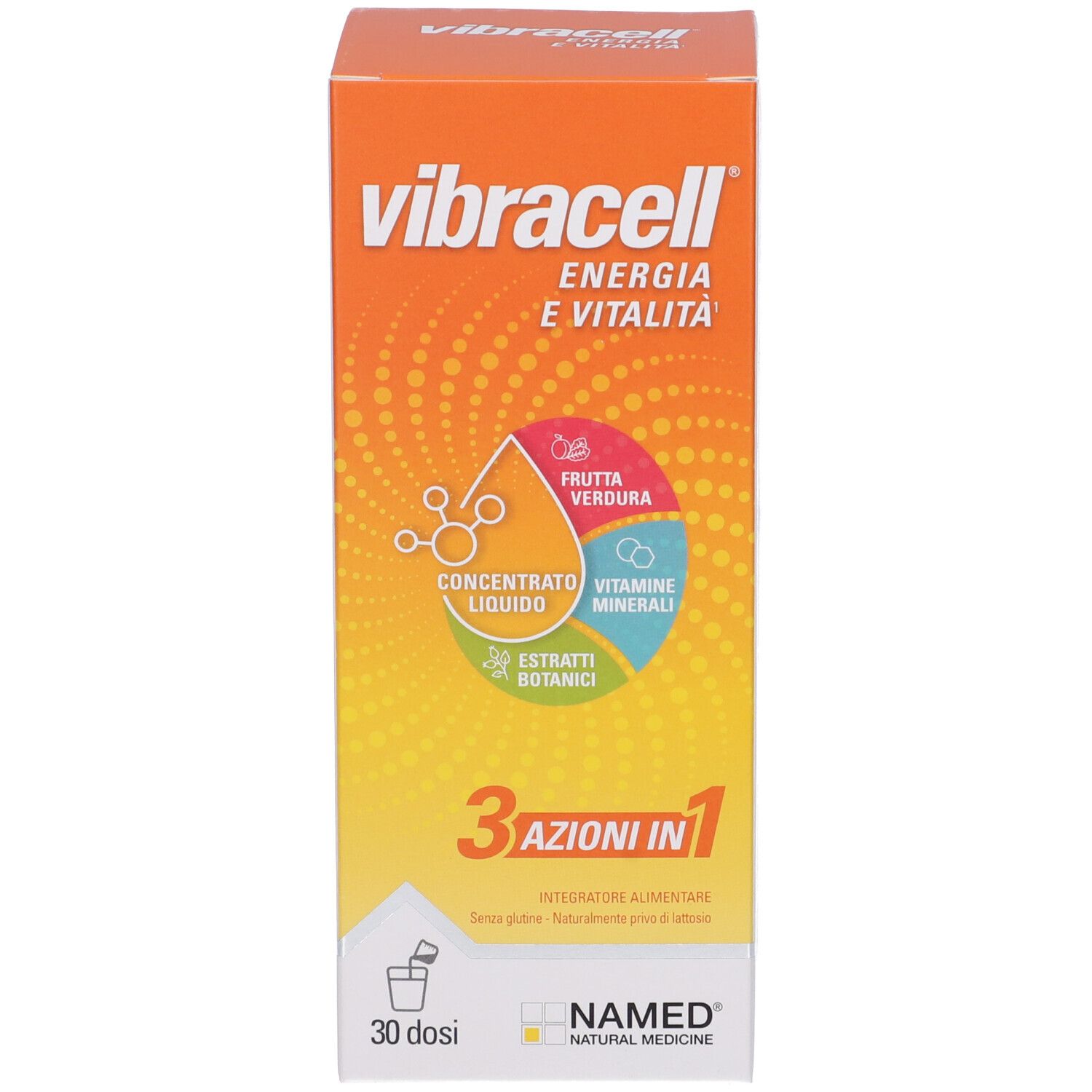 Boîte avec inscription: vibracell, Energie e Vitalità, 3 azioni in 1. Illustration des ingrédients. Marque: NAMED.