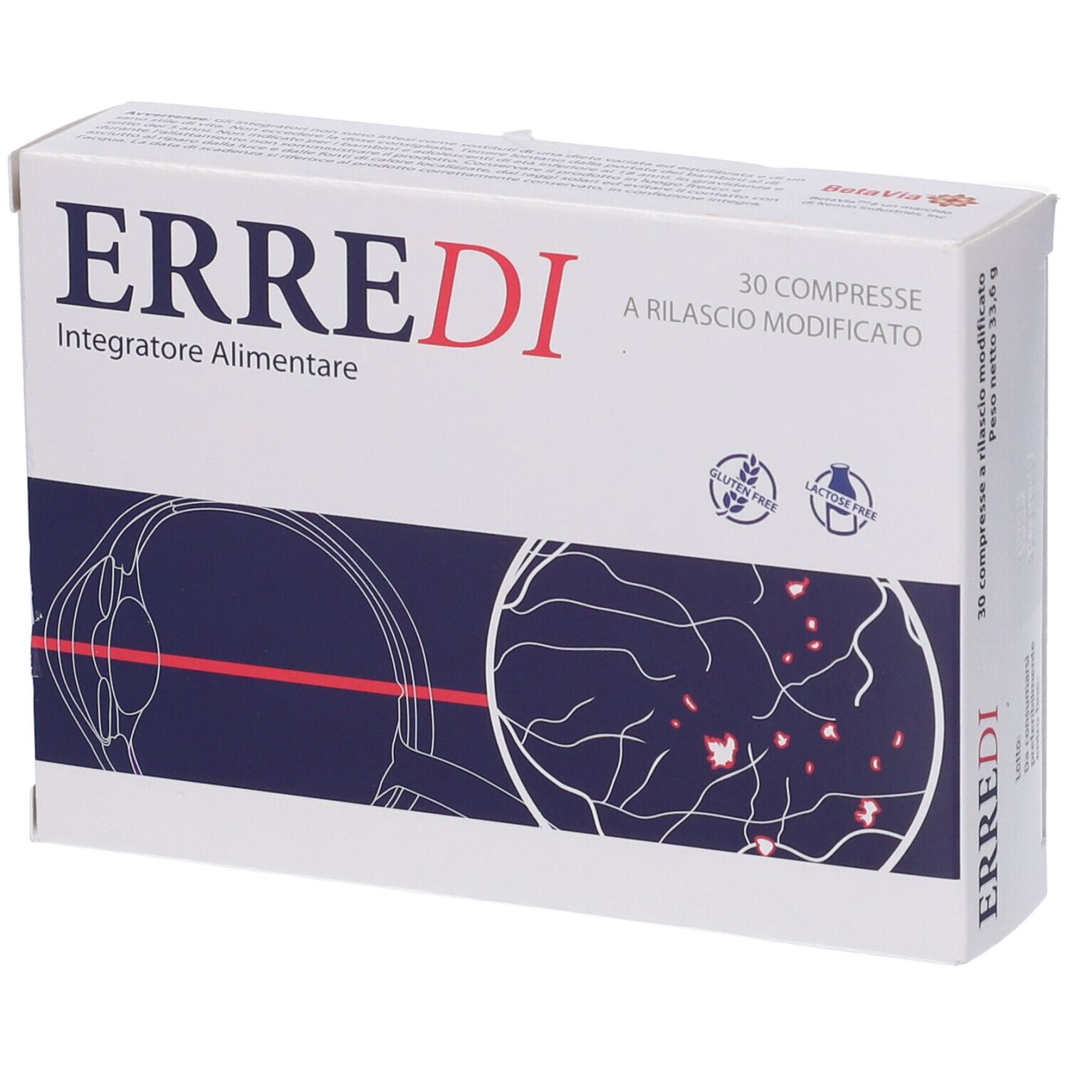 Boîte de comprimés "ERREDI". Inscription "Integratore Alimentare", 30 comprimés. Illustration d'un œil et ligne rouge.