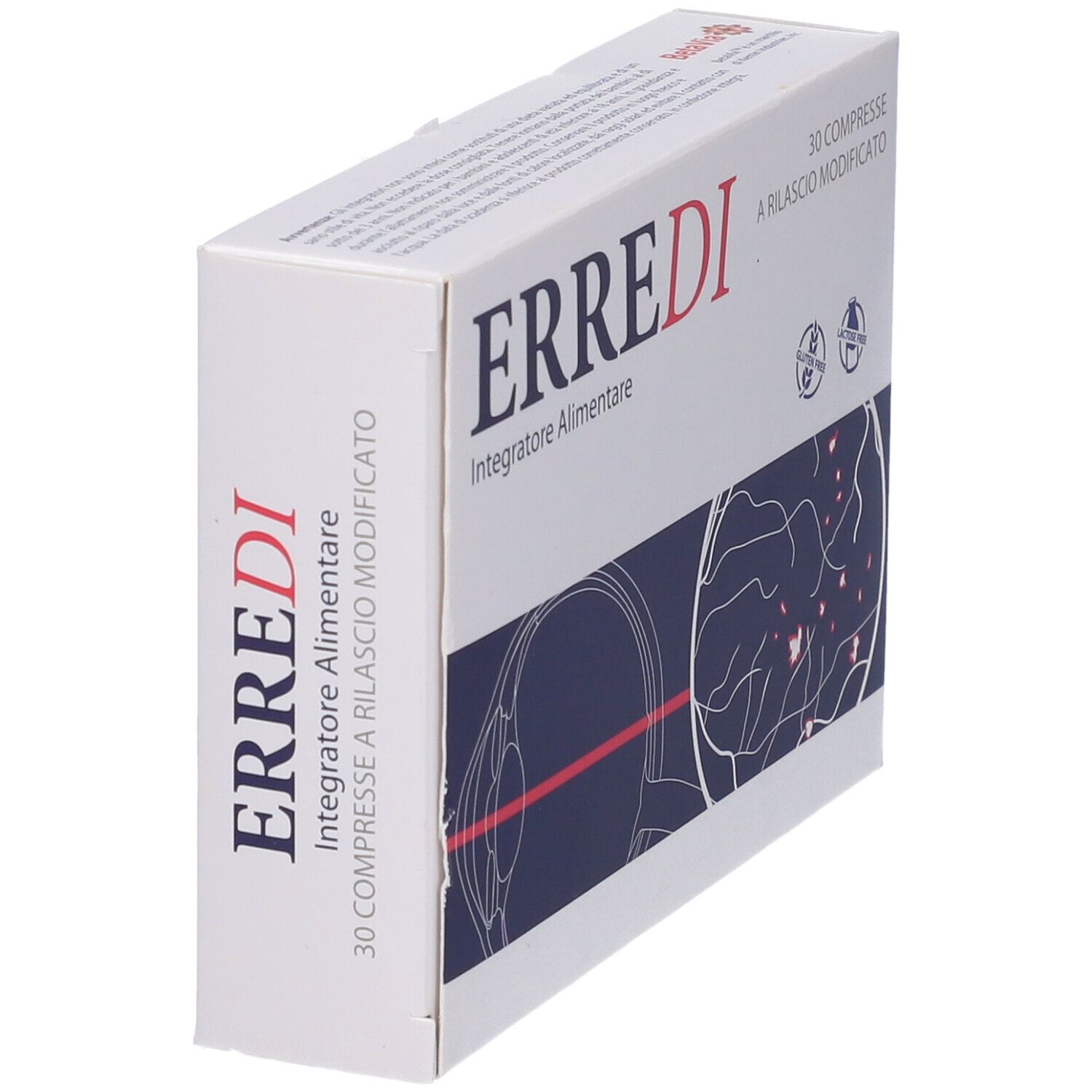 Boîte de comprimés "ERREDI". Inscription "Integratore Alimentare", 30 comprimés. Vue latérale. Illustration œil et ligne rouge.