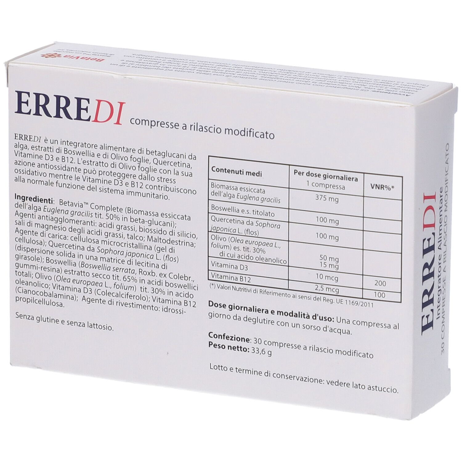 Dos de la boîte de comprimés "ERREDI". Texte avec ingrédients et informations nutritionnelles. 30 comprimés. Sans gluten et sans lactose.