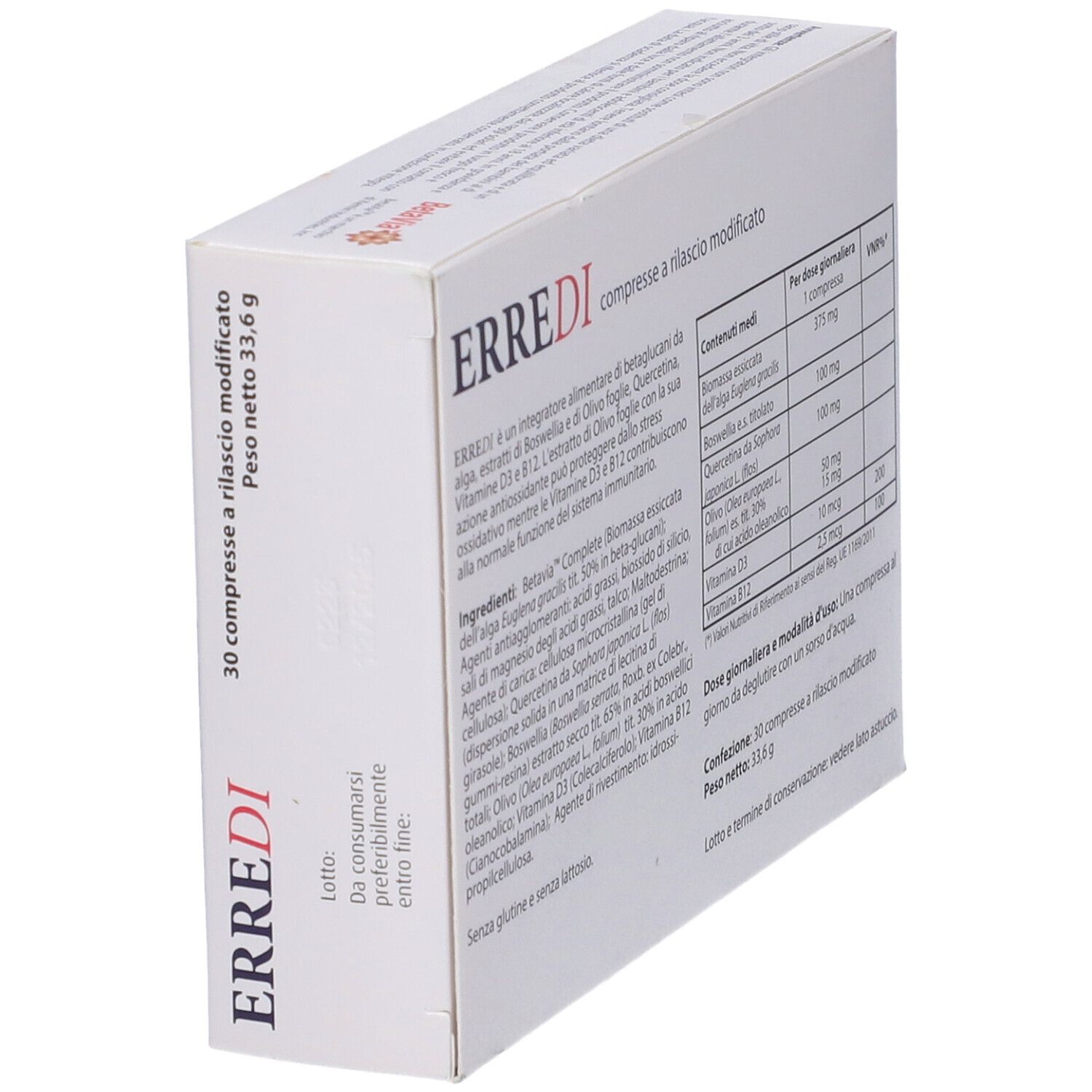 Vue latérale de la boîte de comprimés "ERREDI". Texte avec ingrédients et informations nutritionnelles. 30 comprimés. Sans gluten et sans lactose.