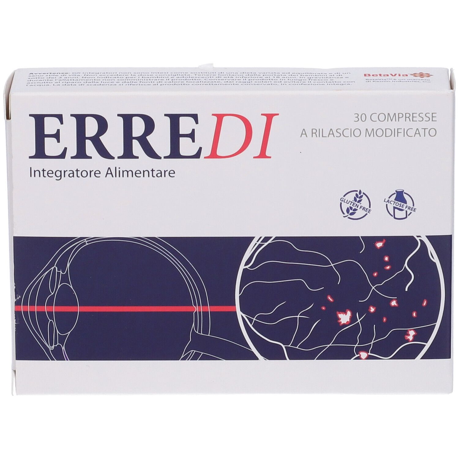 Boîte de comprimés "ERREDI". Inscription "Integratore Alimentare", 30 comprimés. Illustration d'un œil et ligne rouge. Sans gluten.