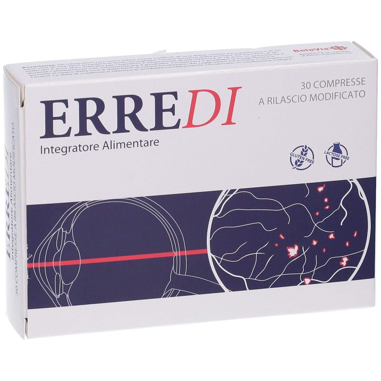 Boîte de comprimés "ERREDI". Inscription "Integratore Alimentare", 30 comprimés. Illustration d'un œil et ligne rouge. Sans gluten.