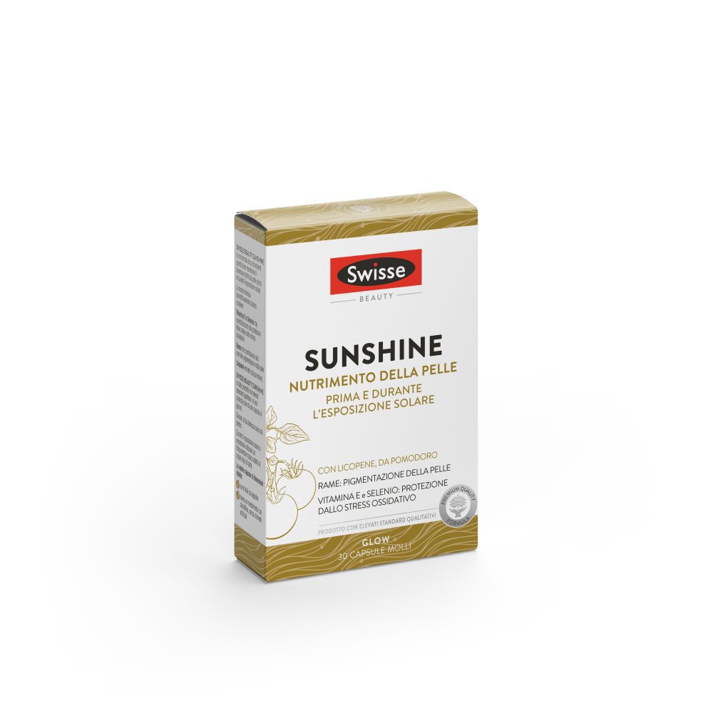 Schachtel mit Swisse Sunshine. Text: Nutrizione della pelle. Goldfarbenes Design, rotes Logo.