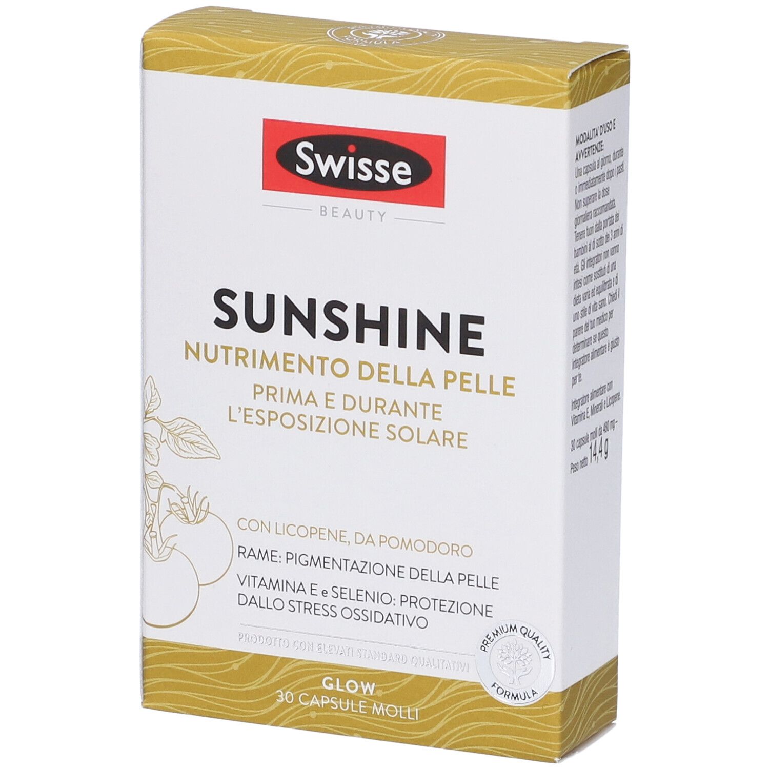 Schachtel Swisse Sunshine. Text: Nutrizione della pelle. Goldfarbenes Design, rotes Logo.
