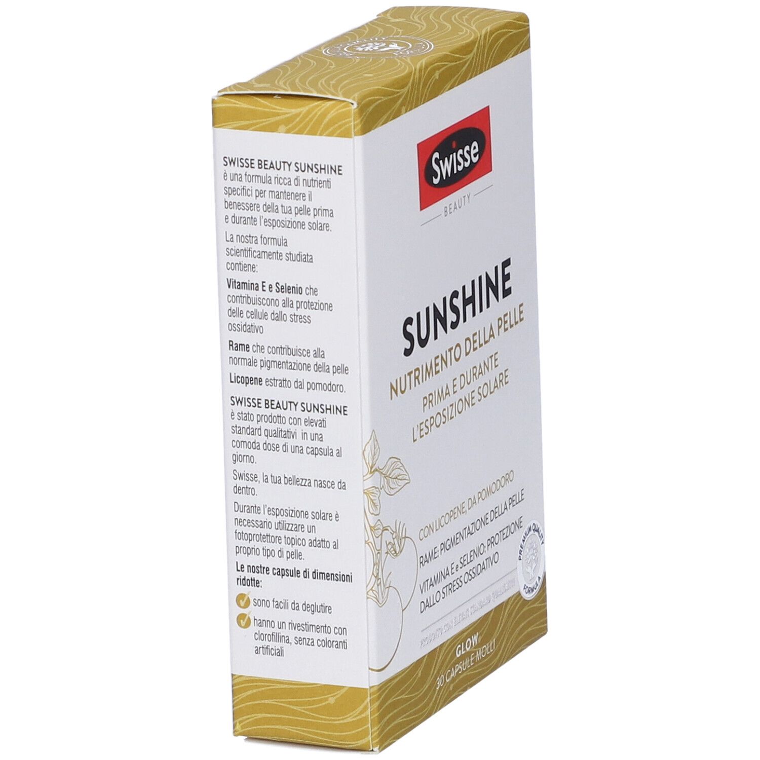 Schachtel Swisse Sunshine. Text: Nutrizione della pelle. Goldfarbenes Design, rotes Logo.