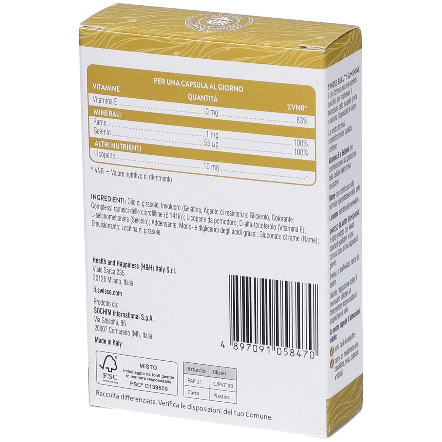 Rückseite der Swisse Sunshine-Schachtel. Text: Inhaltsstoffe, Nährwertangaben, Hersteller.