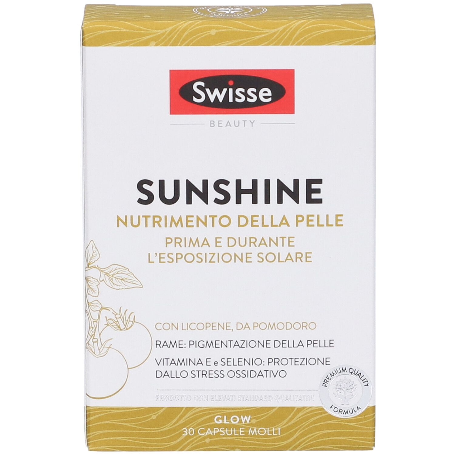 Schachtel Swisse Sunshine. Text: Nutrizione della pelle. Goldfarbenes Design, rotes Logo.