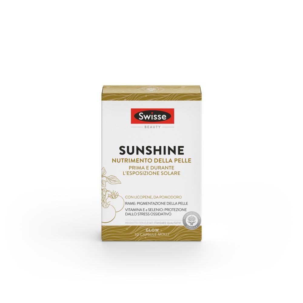 Schachtel Swisse Sunshine. Text: Nutrizione della pelle. Goldfarbenes Design, rotes Logo.