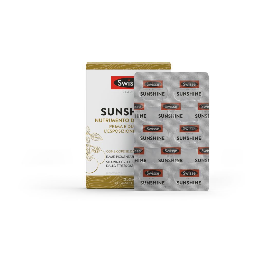 Schachtel Swisse Sunshine und Blisterpackung. Kapseln. Text: Sunshine. Rotes Logo.