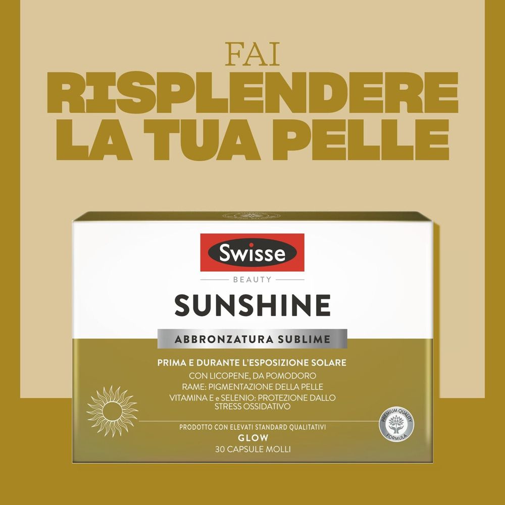 Swisse Sonnenschein: Produktverpackung mit der Aufforderung, die Haut strahlen zu lassen.