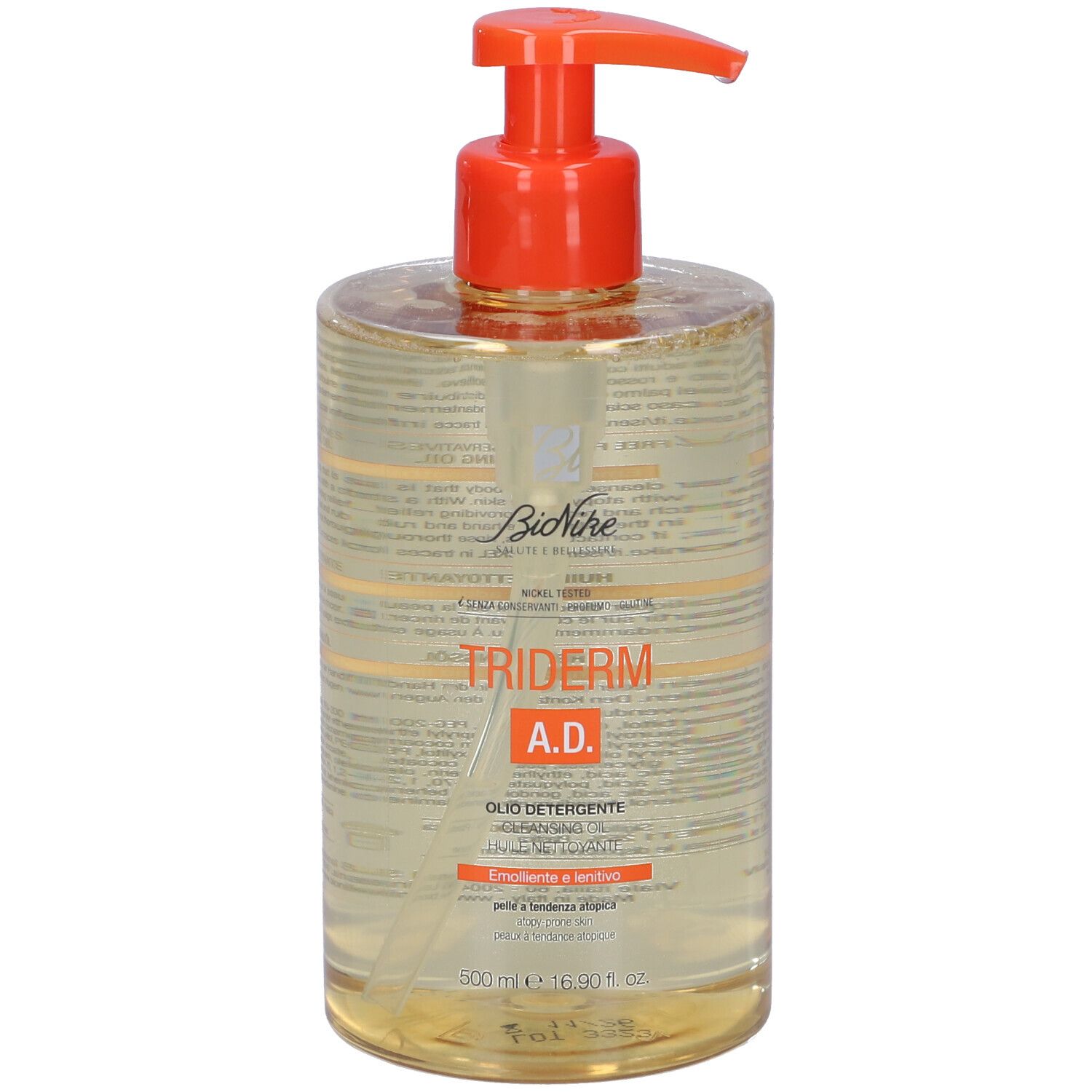 Flacon transparent avec pompe orange. Inscription: Triderm A.D. Olio Detergente. Marque: Bionike.