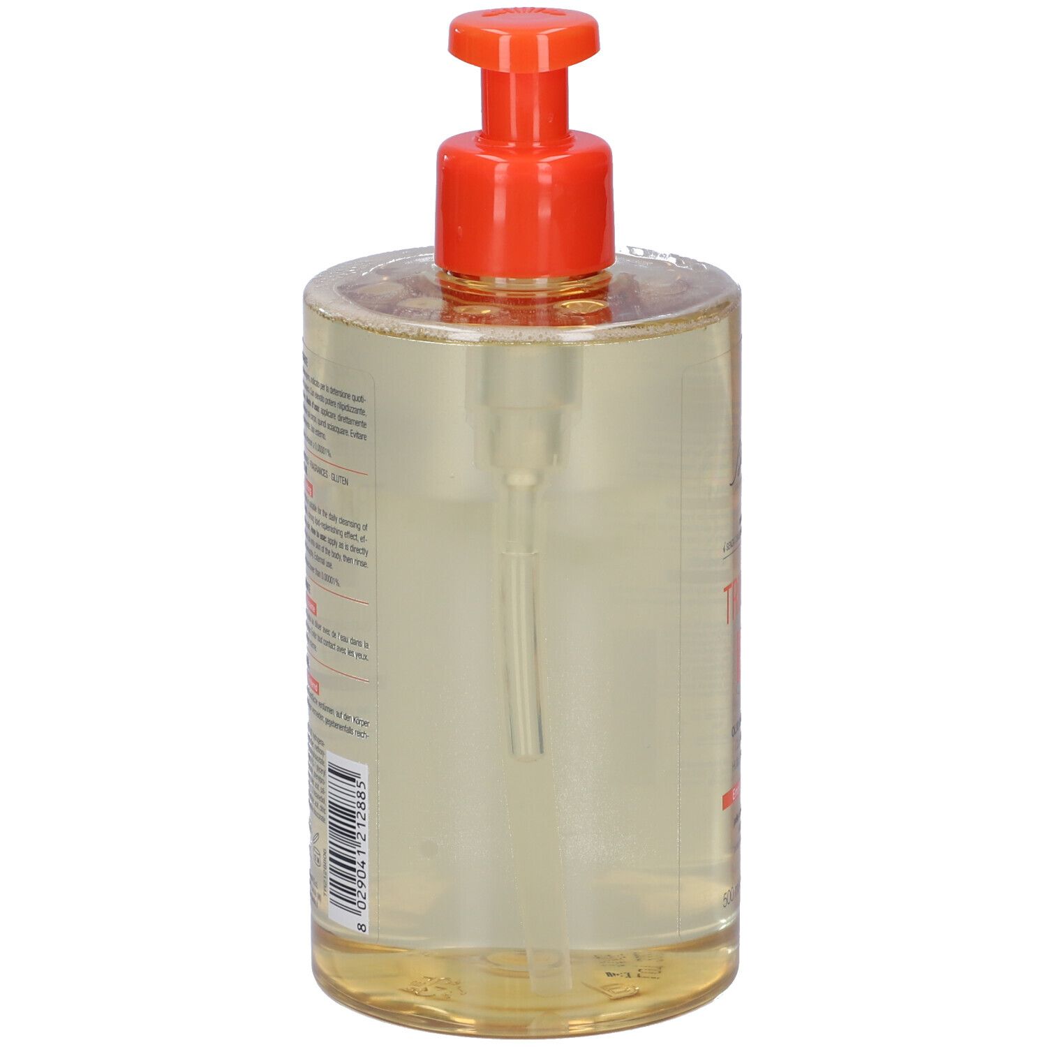 Flacon transparent avec pompe orange. Étiquette avec texte. Code-barres visible.