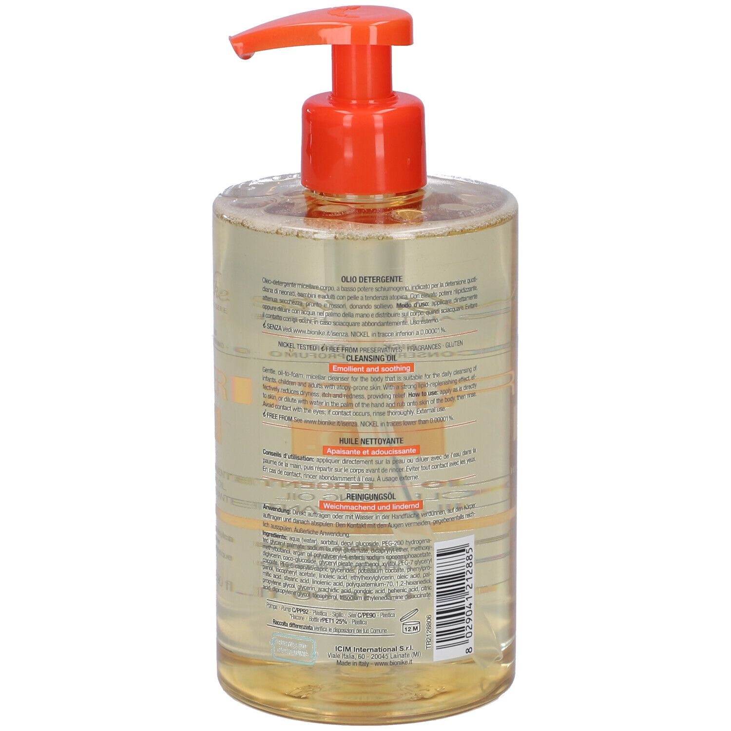 Dos d'un flacon avec texte. Pompe orange. Nom du produit: Triderm A.D. Olio Detergente.
