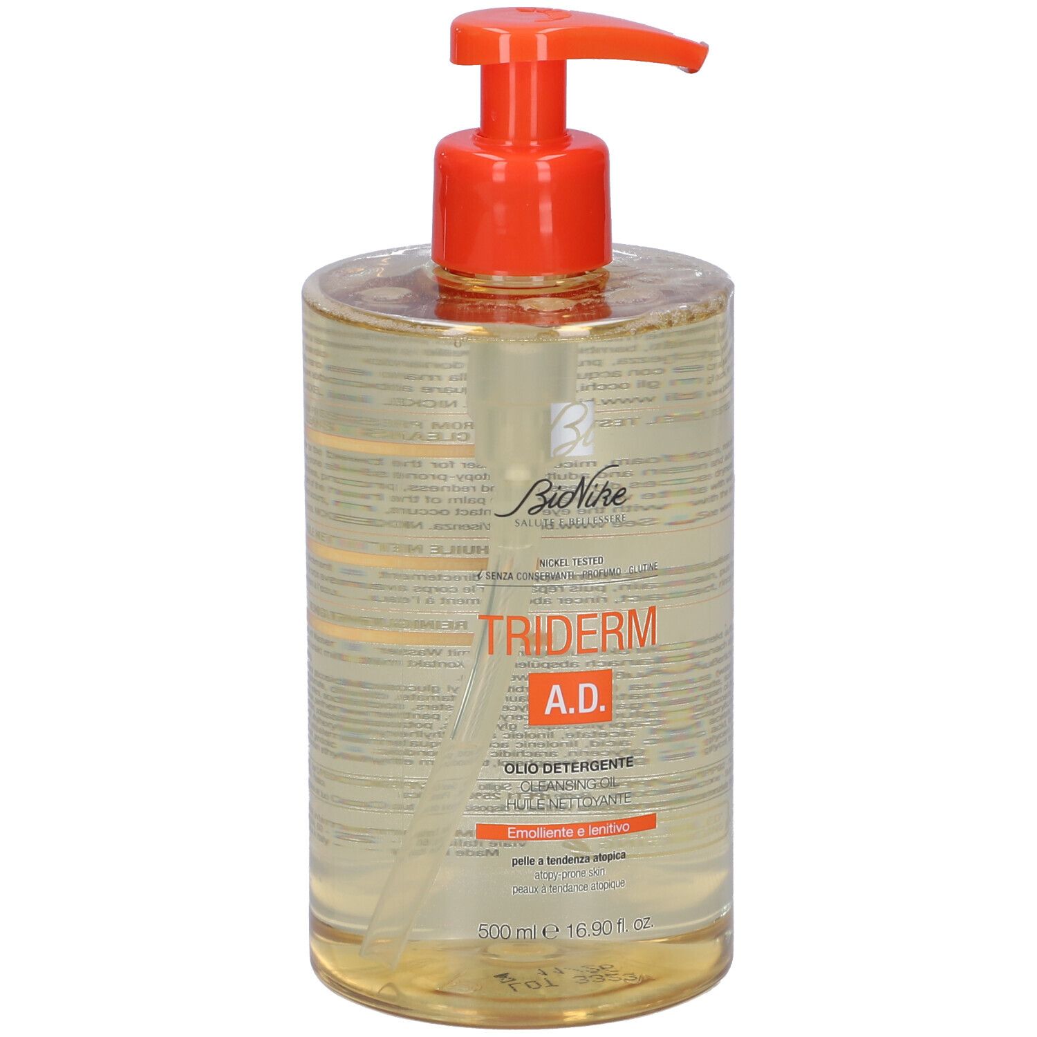 Flacon transparent avec pompe orange. Inscription: Triderm A.D. Olio Detergente. Marque: Bionike.