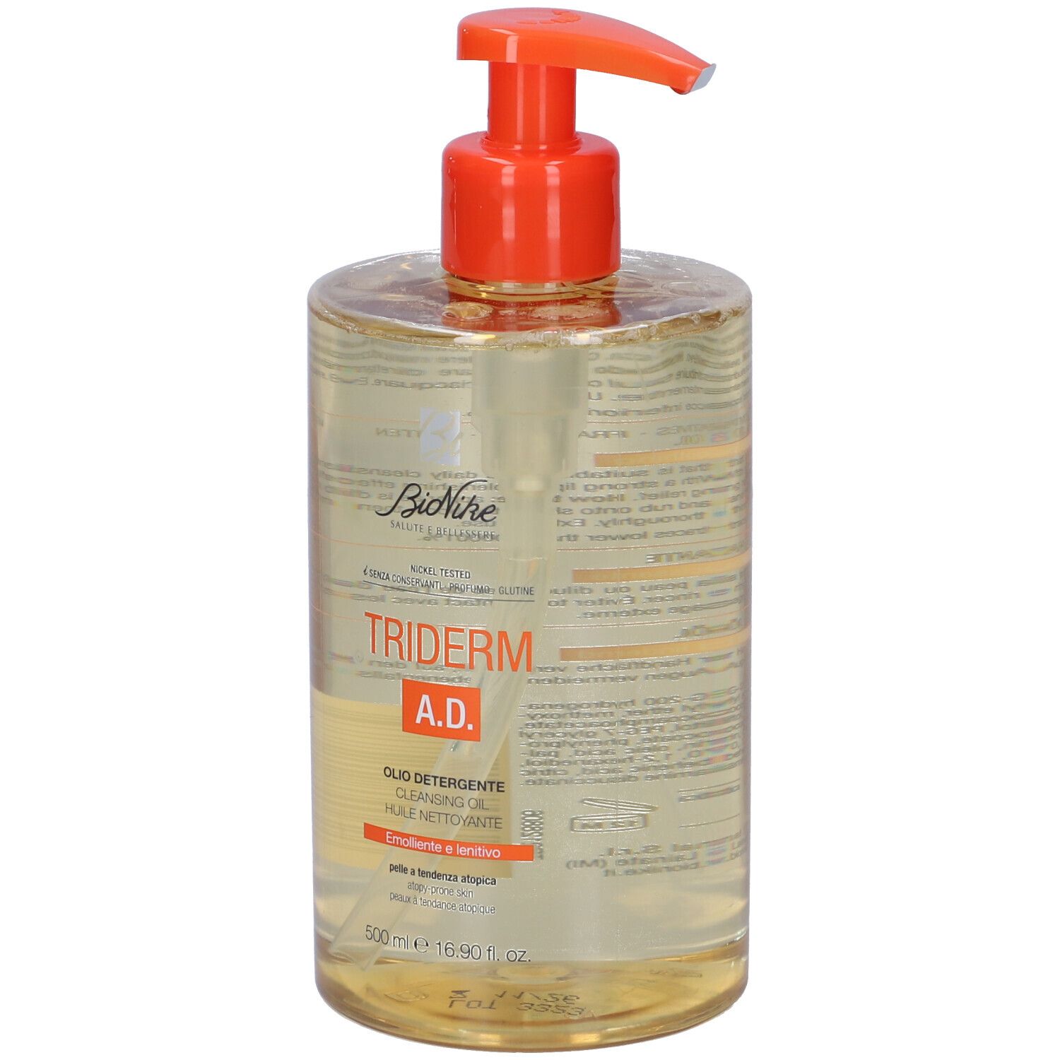 Flacon transparent avec pompe orange. Inscription: Triderm A.D. Olio Detergente. Marque: Bionike.