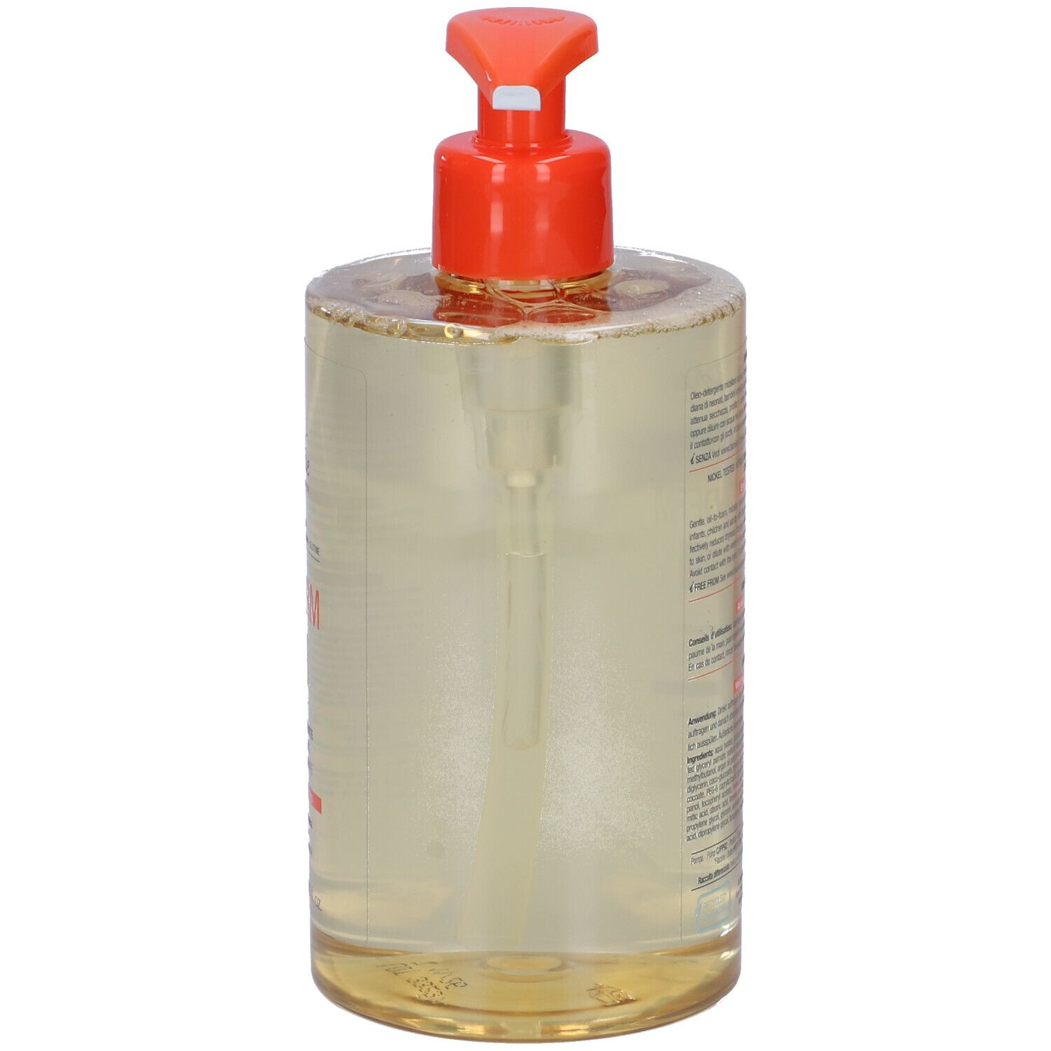 Flacon transparent avec pompe orange. Étiquette avec texte.