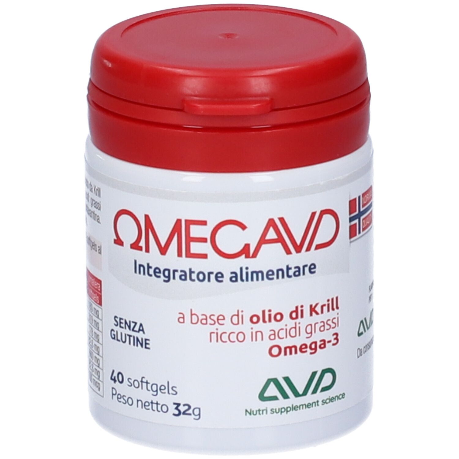 Flacon cylindrique blanc à couvercle rouge. Inscription: Omegavd, Integratore alimentare, 40 Softgels. Contient Omega-3.