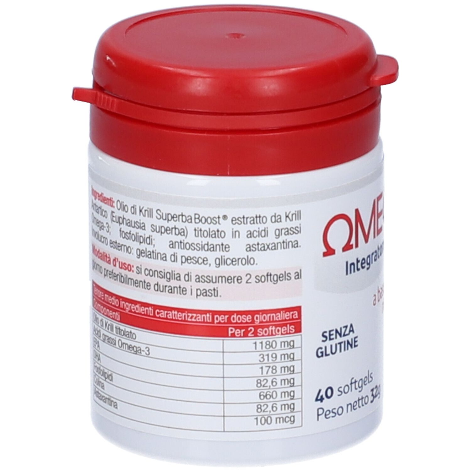 Dos du flacon blanc à couvercle rouge. Texte avec ingrédients et informations nutritionnelles. Contient Omega-3, huile de krill.