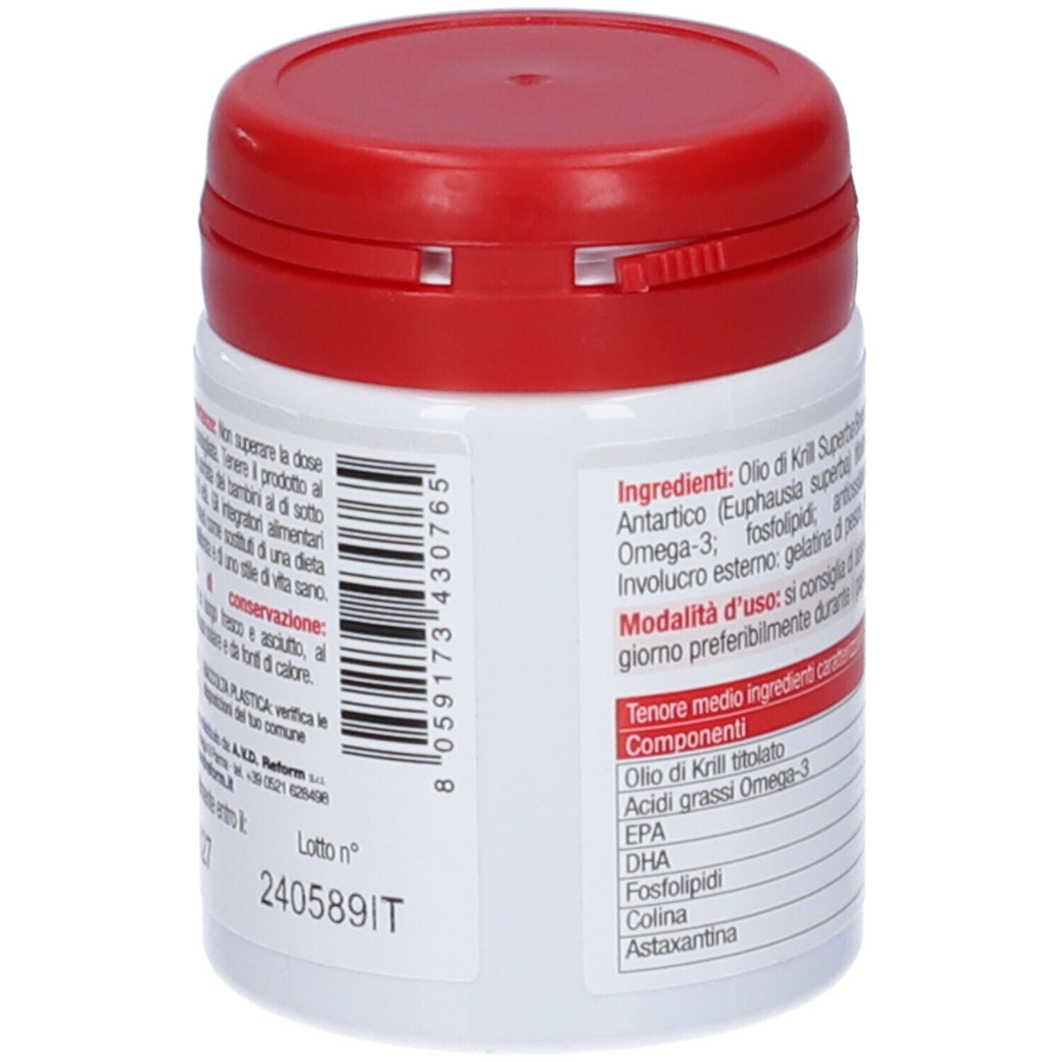 Vue arrière du flacon blanc à couvercle rouge. Texte avec ingrédients et conseils de stockage. Contient Omega-3.