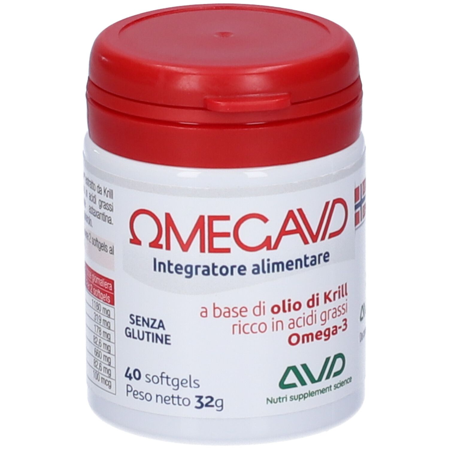 Flacon cylindrique blanc à couvercle rouge. Inscription: Omegavd, Integratore alimentare, 40 Softgels. Contient Omega-3.