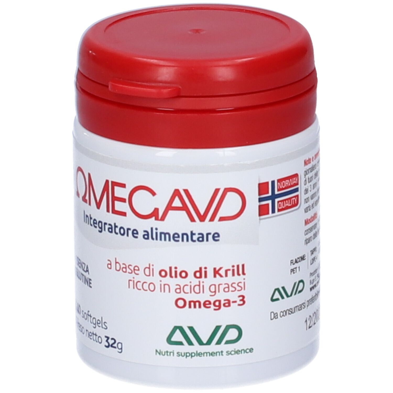 Flacon cylindrique blanc à couvercle rouge. Inscription: Omegavd, Integratore alimentare, 40 Softgels. Contient Omega-3.