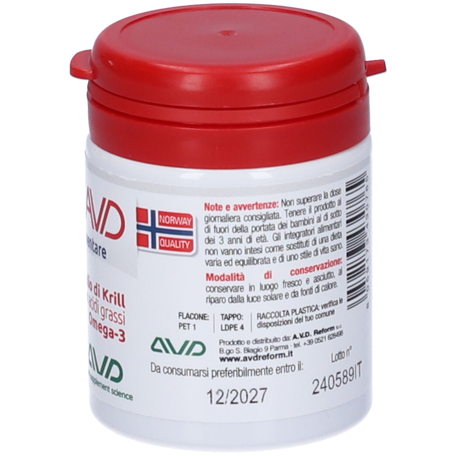 Dos du flacon blanc à couvercle rouge. Texte avec avertissements et conseils de stockage. Contient Omega-3.