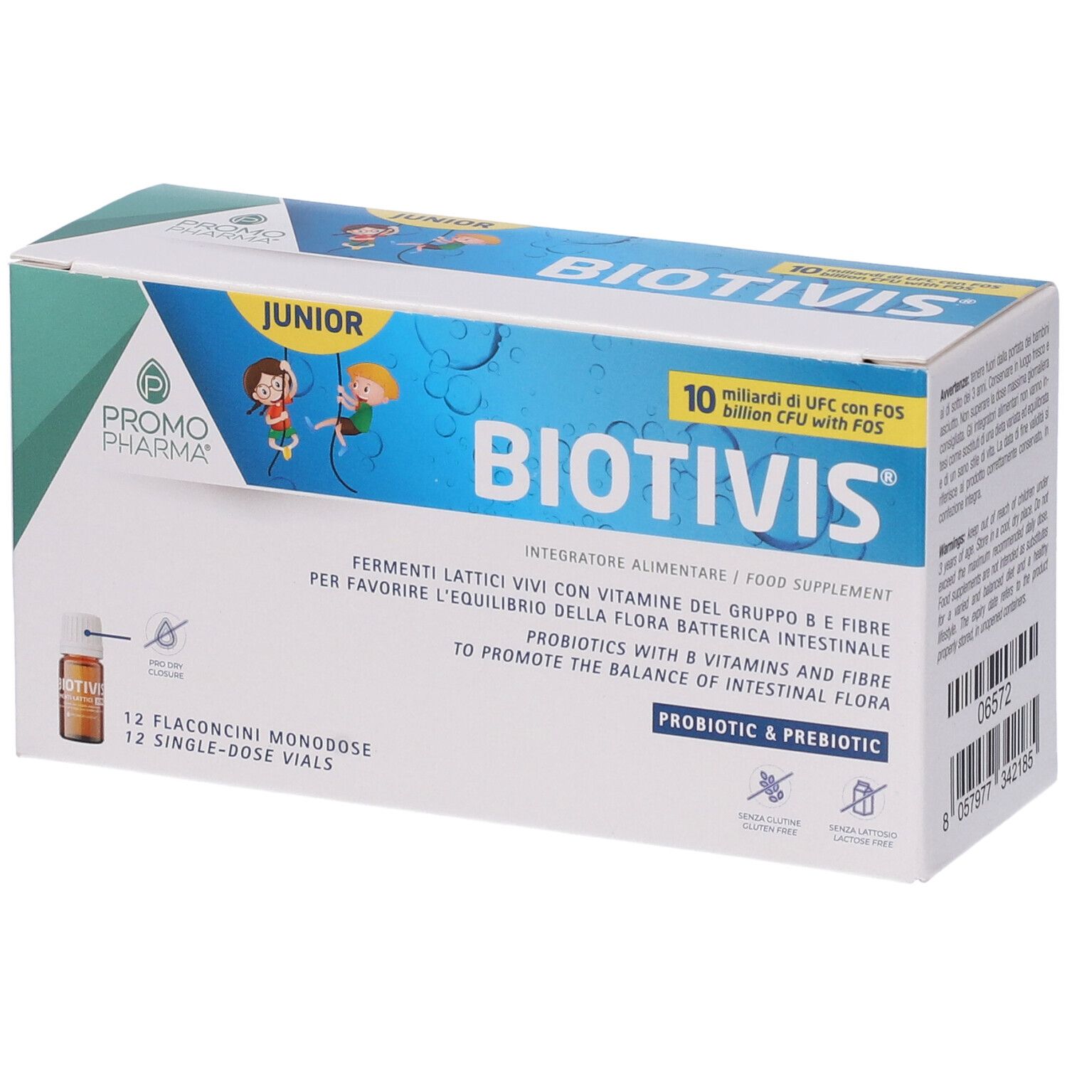 Verpackung von Biotivis Junior. Enthält 12 Einzeldosis-Fläschchen. Aufschrift: Probiotisch & Präbiotisch.