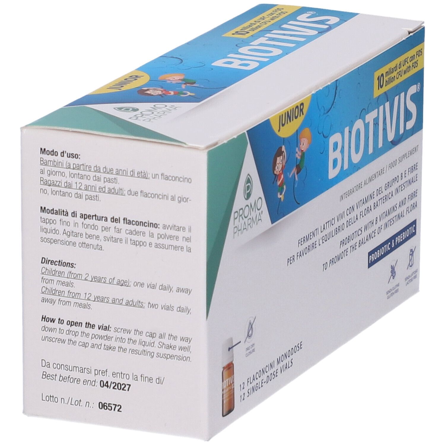 Verpackung von Biotivis Junior. Enthält Anweisungen auf Italienisch und Englisch. Zeigt ein Fläschchen.