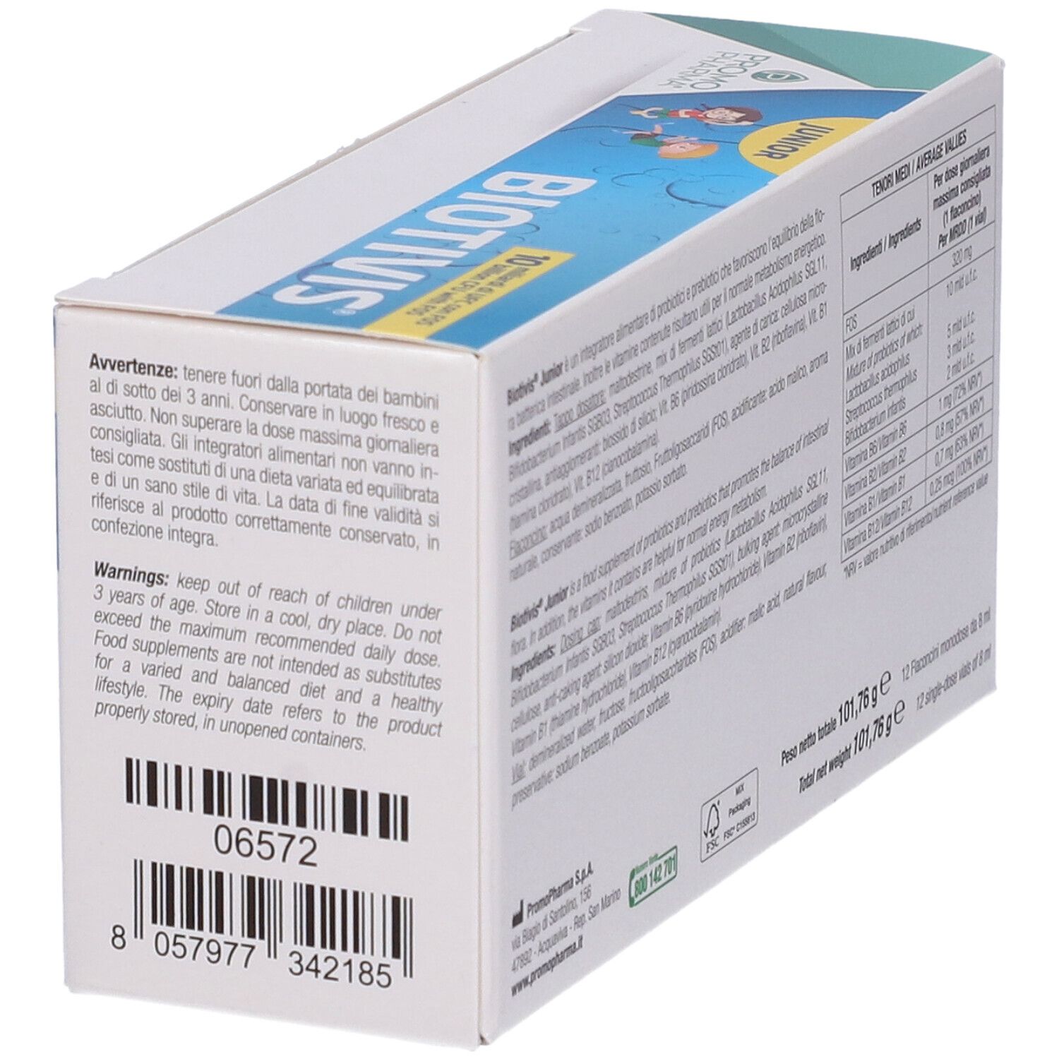 Rückseite der Biotivis Junior Verpackung. Enthält Warnhinweise und Chargennummer. Text auf Italienisch.