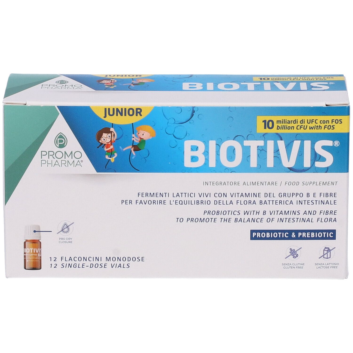 Verpackung von Biotivis Junior. Enthält 12 Einzeldosis-Fläschchen. Aufschrift: Probiotisch & Präbiotisch.