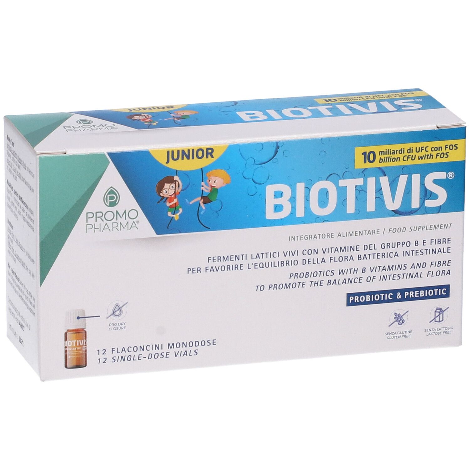 Verpackung von Biotivis Junior. Enthält 12 Einzeldosis-Fläschchen. Aufschrift: Probiotisch & Präbiotisch.