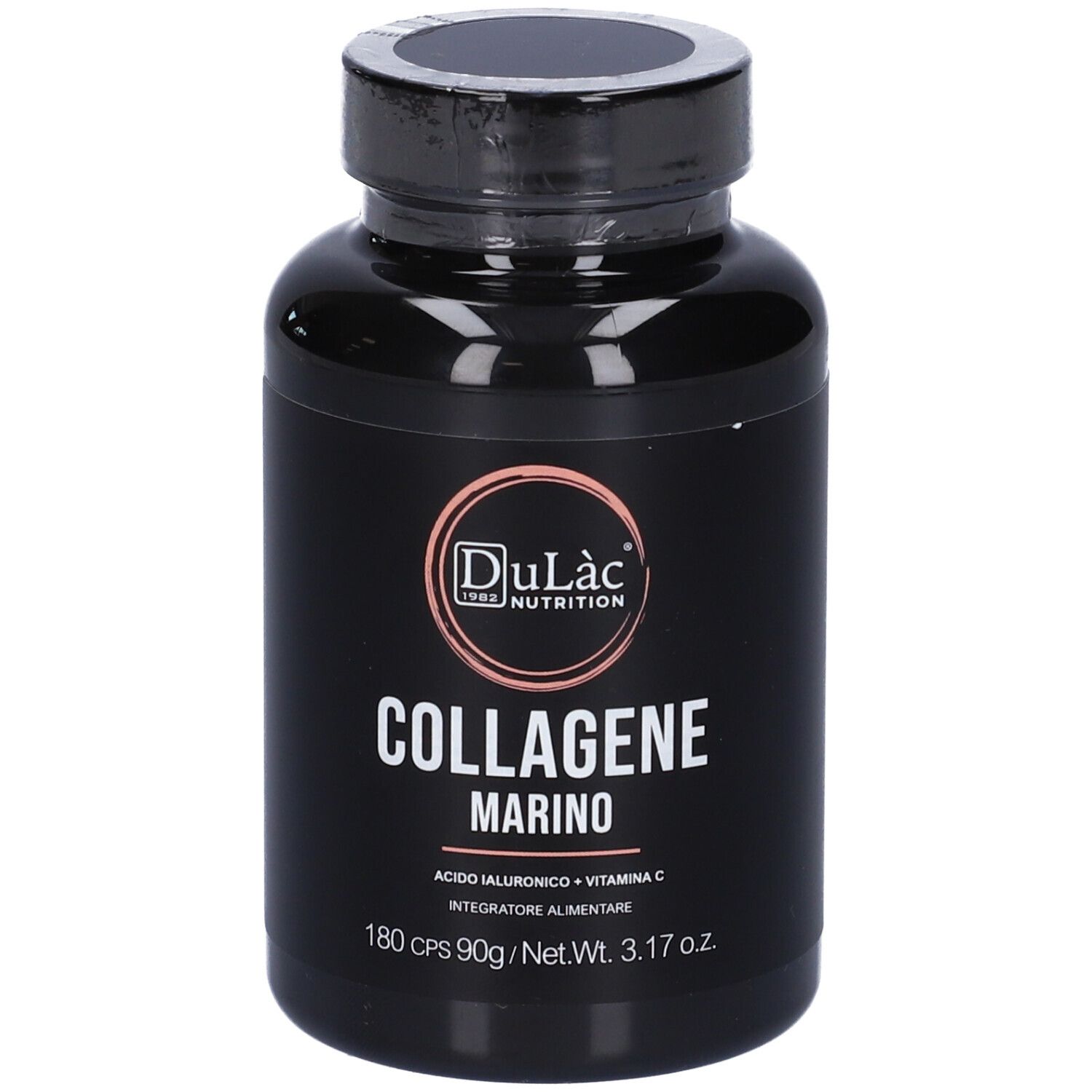 Flacon noir 'Dulàc Collagene Marino'. Contient 180 gélules. Avec vitamine C et acide hyaluronique.