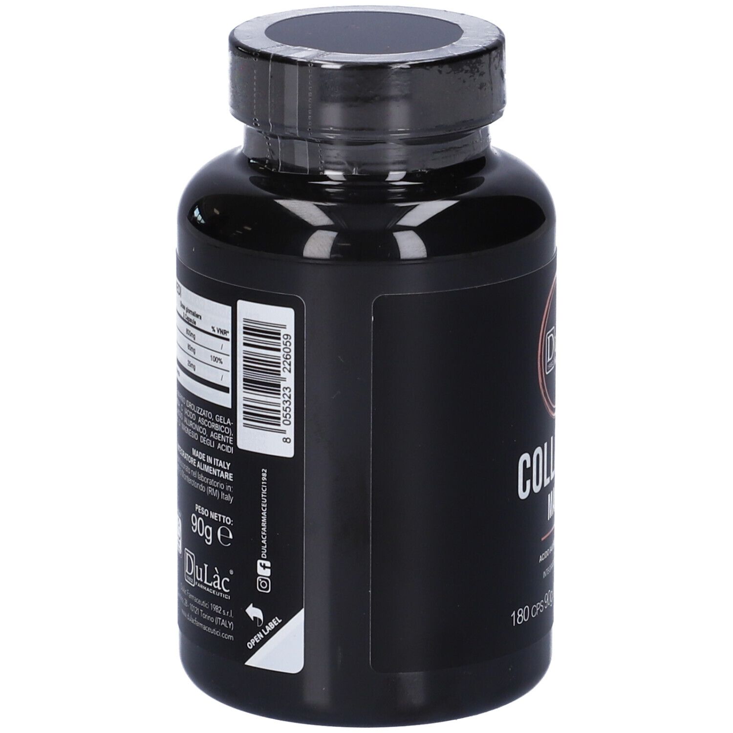 Flacon noir 'Dulàc Collagene Marino'. Dos avec code-barres et informations. Fabriqué en Italie.