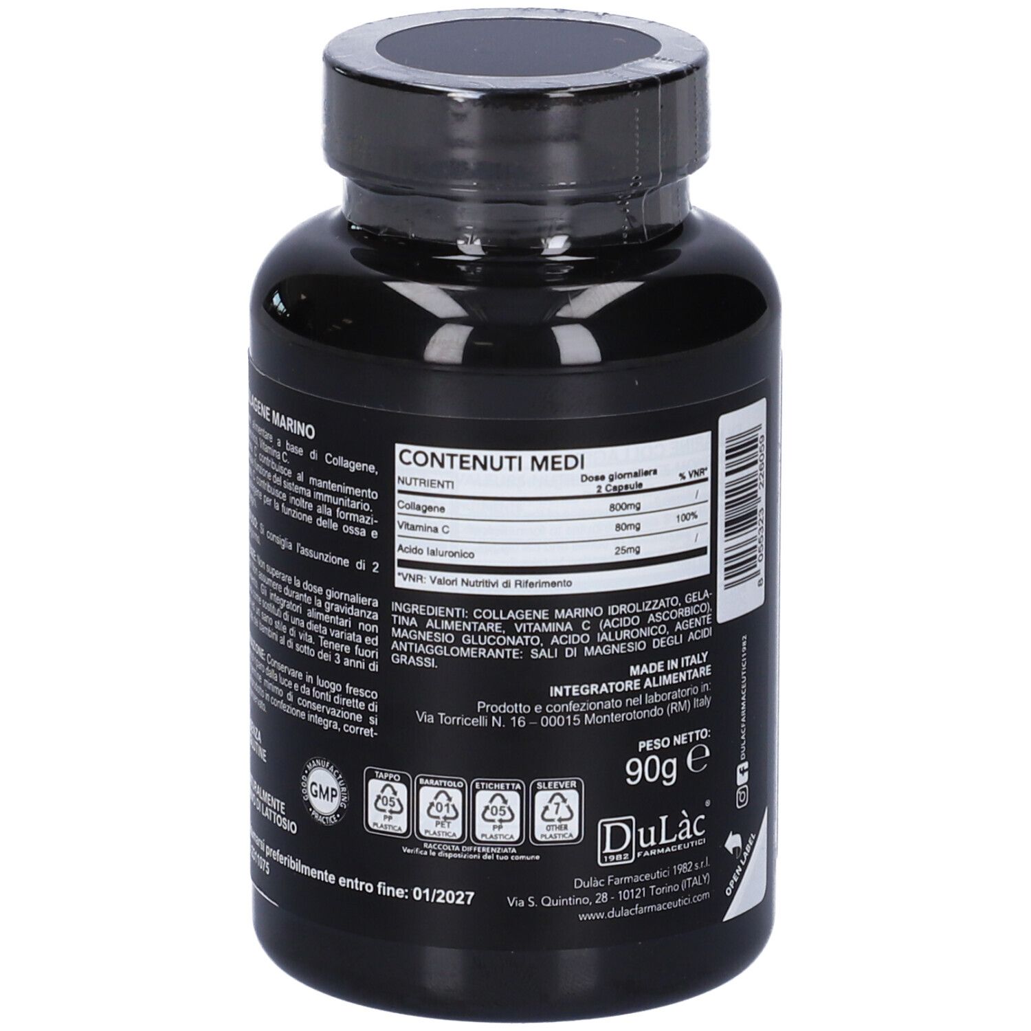 Dos du flacon 'Dulàc Collagene Marino'. Contient des informations nutritionnelles. Fabriqué en Italie.