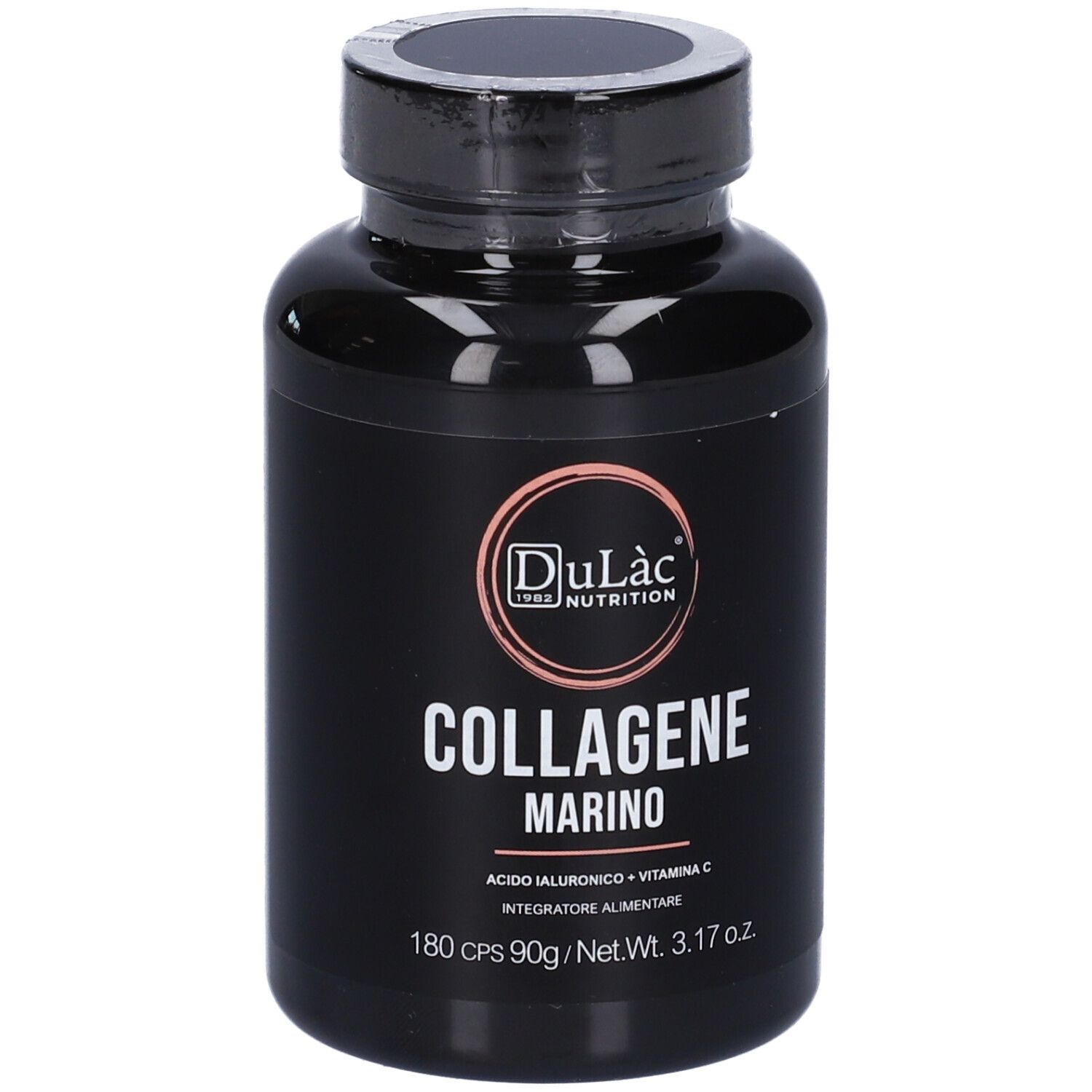 Flacon noir 'Dulàc Collagene Marino'. Contient 180 gélules. Avec vitamine C et acide hyaluronique.