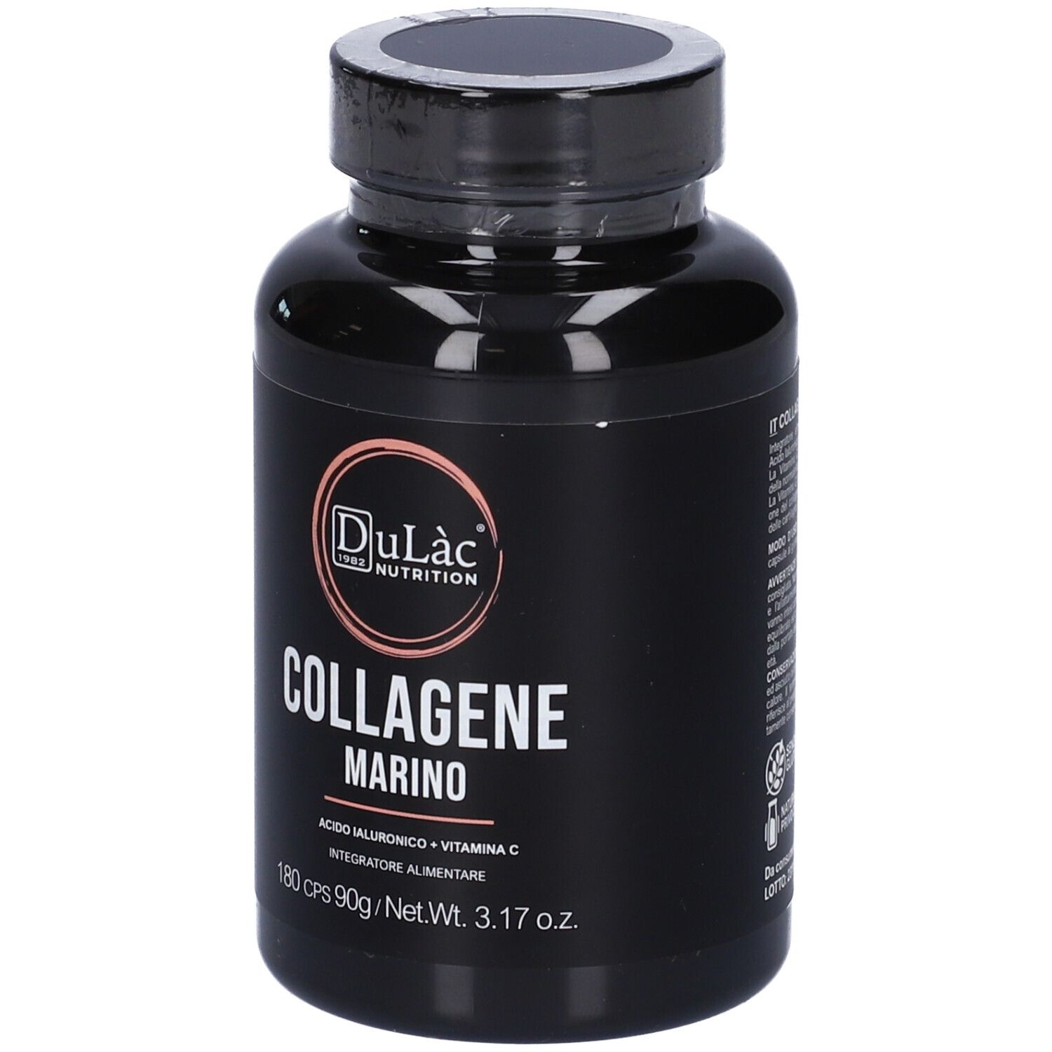 Flacon noir 'Dulàc Collagene Marino'. Contient 180 gélules. Avec vitamine C et acide hyaluronique.