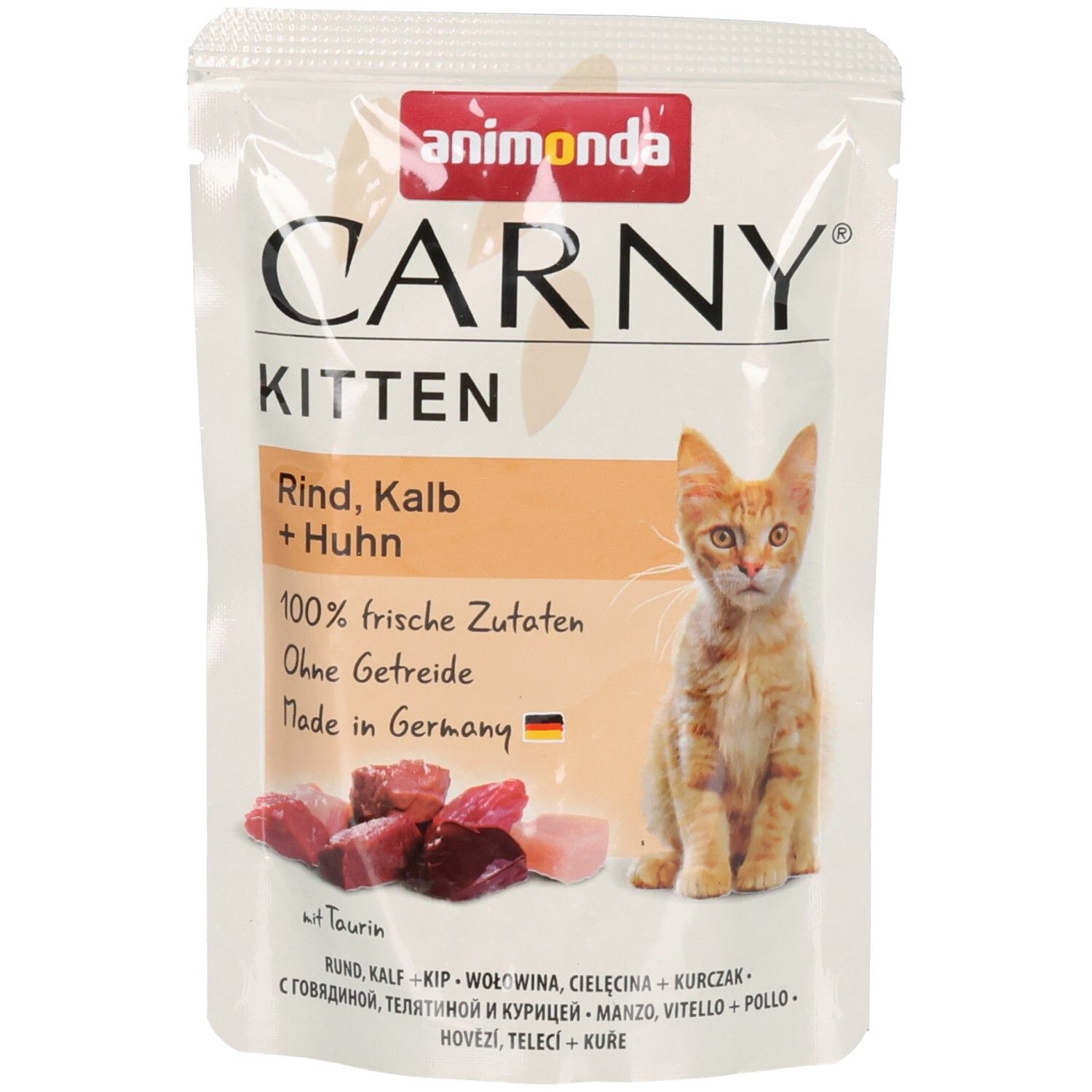 Animonda Carny Adult Multifleisch-Cocktail Nassfutter. 85g Beutel mit einem Katzenmotiv.