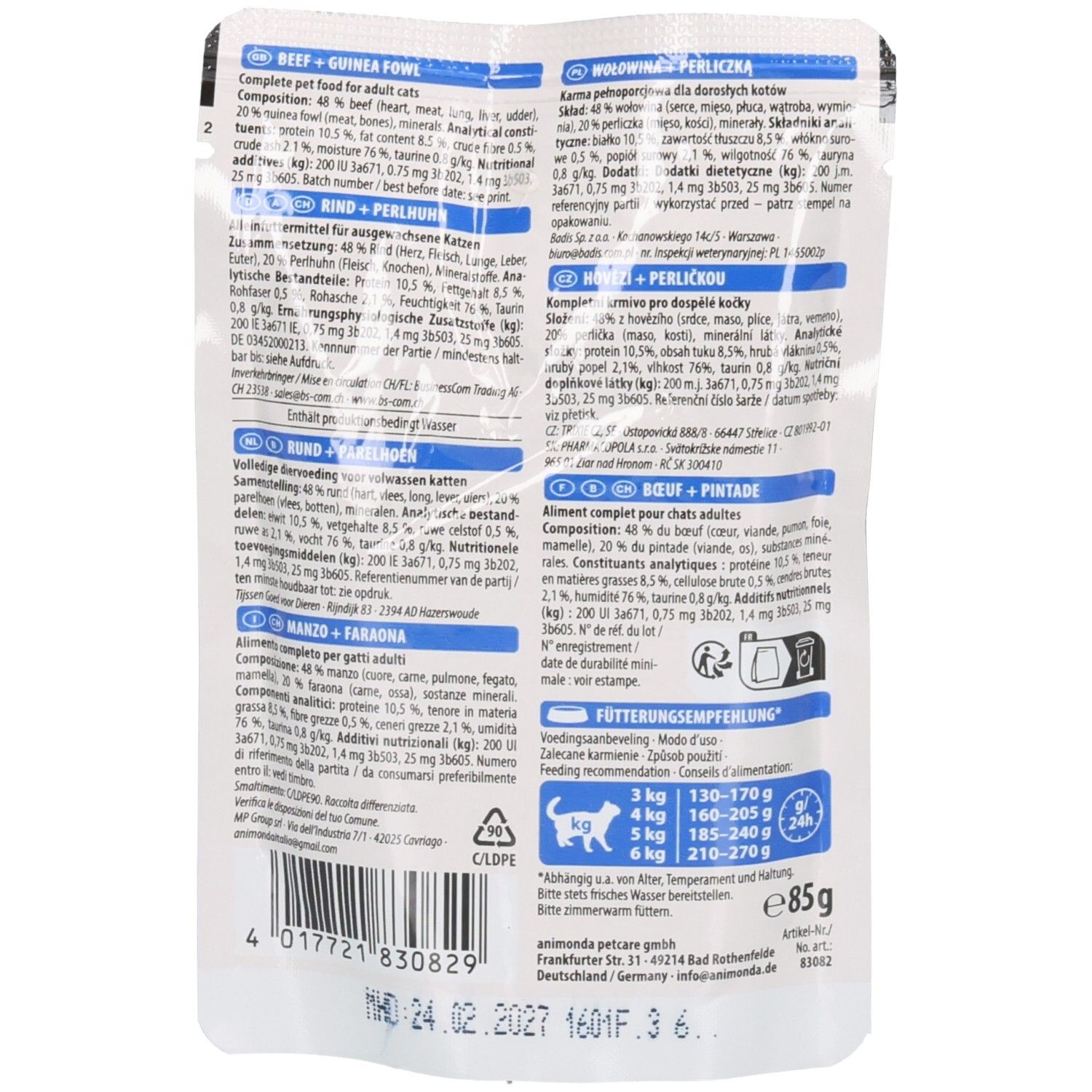 Rückseite eines Beutels mit Katzenfutter, 85g.