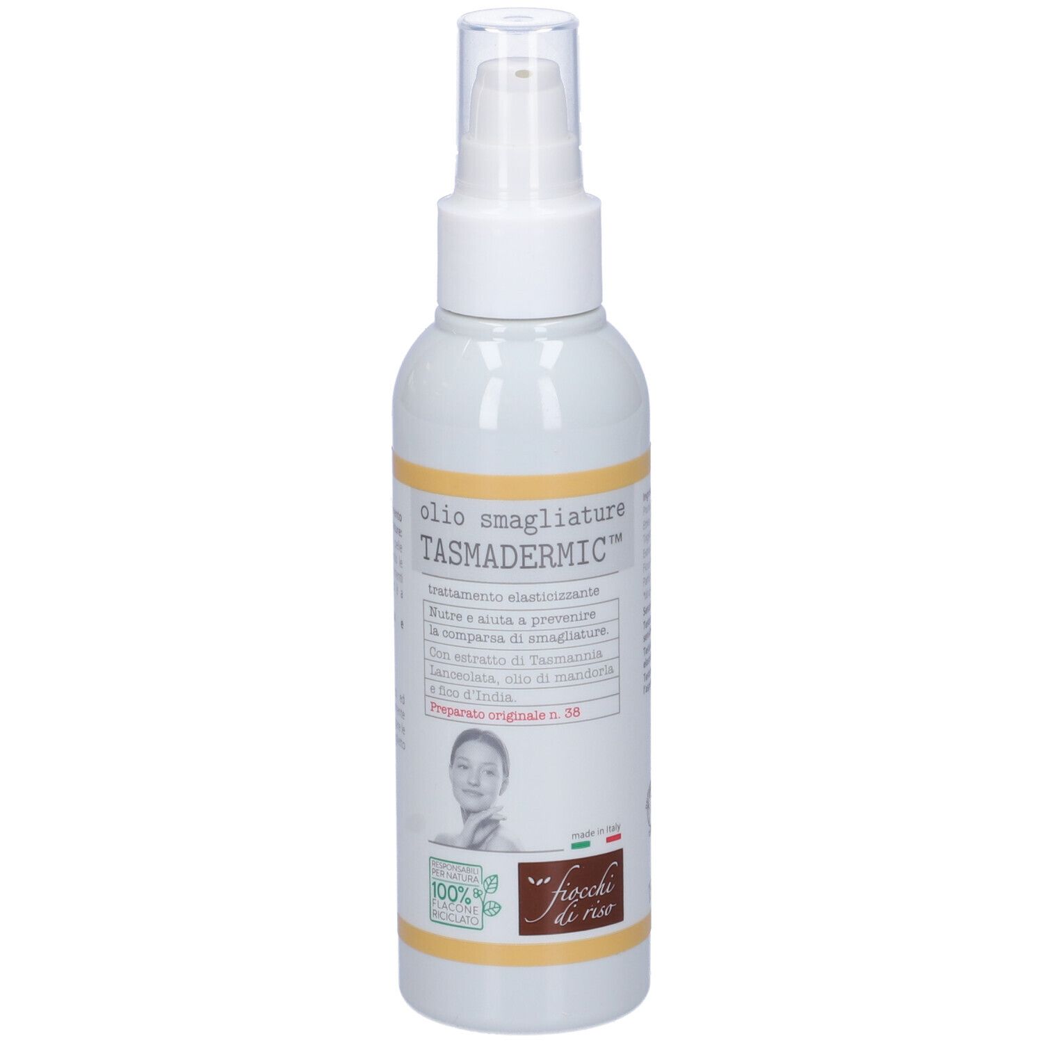 Flacon blanc avec vaporisateur. Inscription : olio smagliature TASMADERMIC. Logo Fiocchi di Riso.