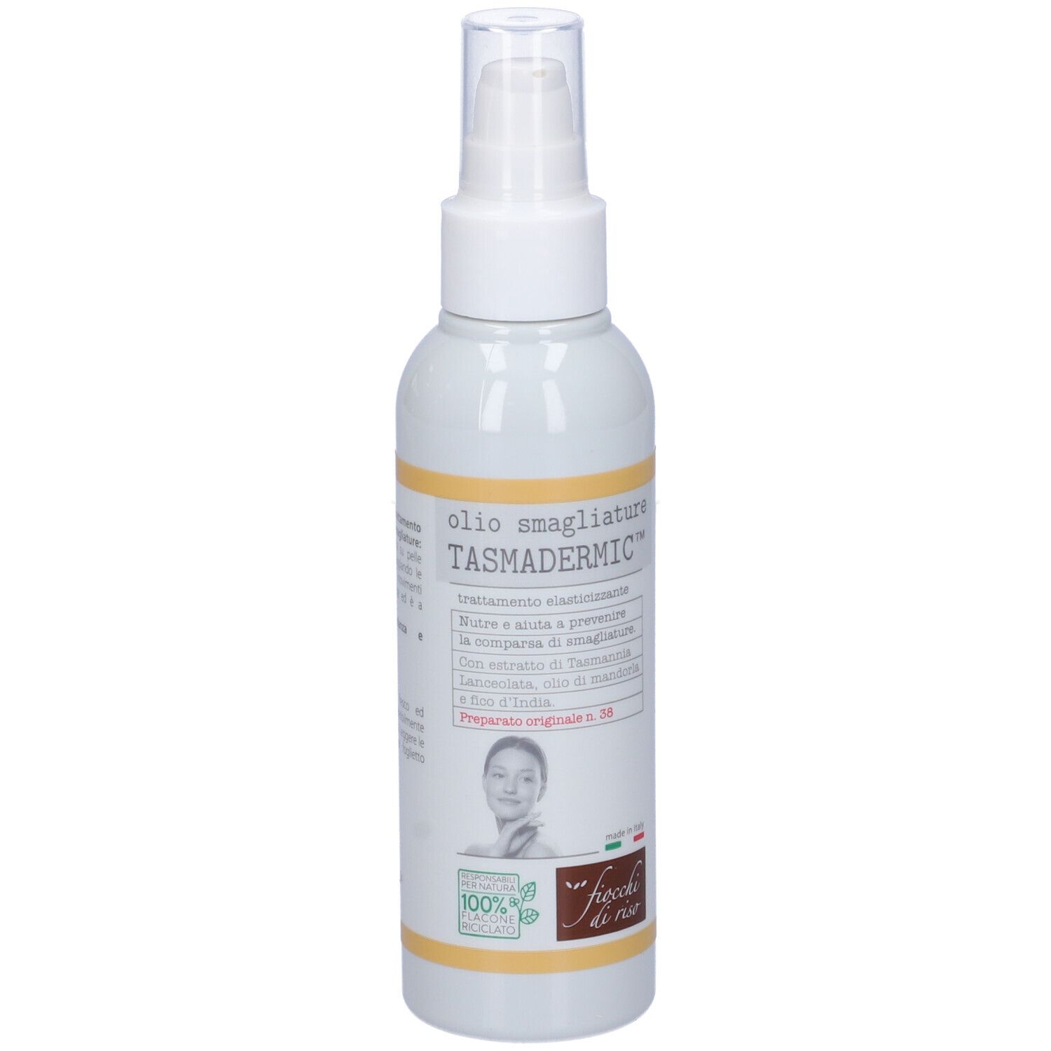 Flacon blanc avec vaporisateur. Inscription : olio smagliature TASMADERMIC. Logo Fiocchi di Riso. 150ml.