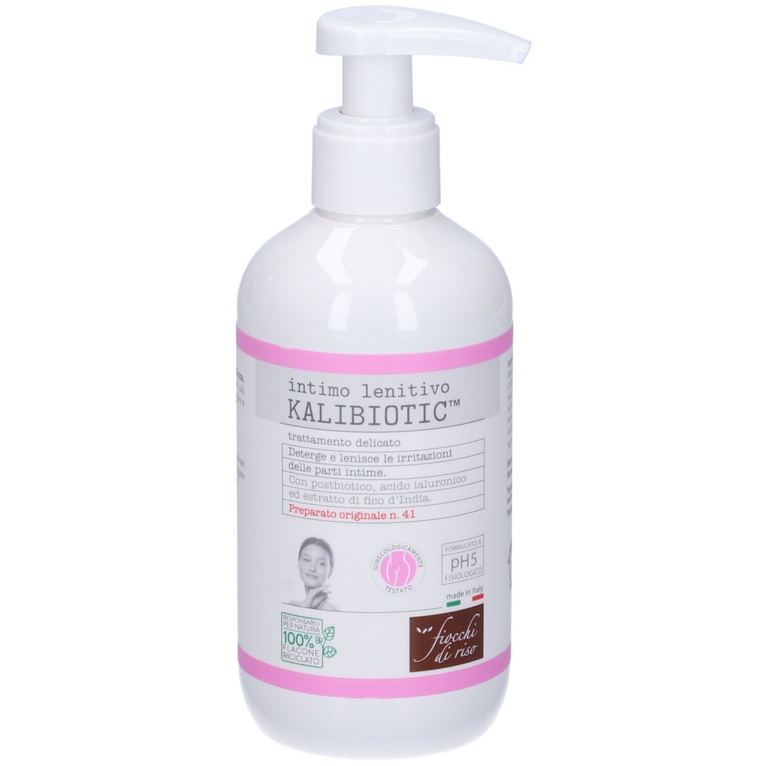 Flacon blanc avec pompe. Étiquette rose avec texte: Intimo lenitivo KALIBIOTIC™. Logo: Fiocchi di Riso.
