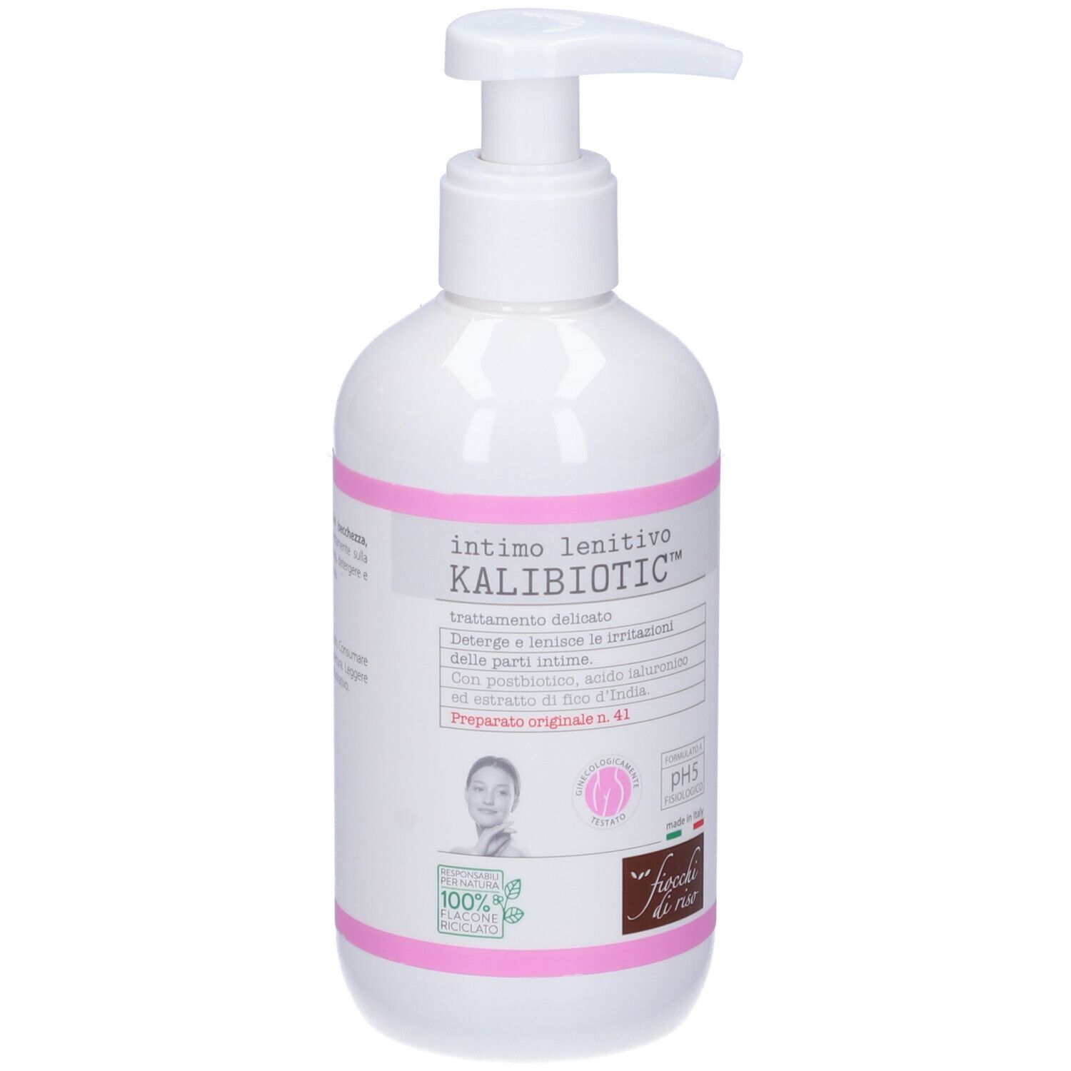Flacon blanc avec pompe. Étiquette rose avec texte: Intimo lenitivo KALIBIOTIC™. Logo: Fiocchi di Riso.
