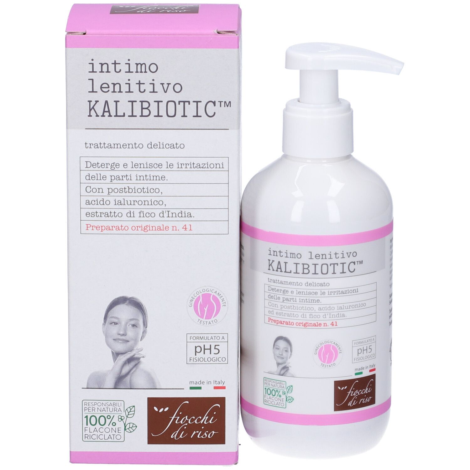 Produit et emballage. Flacon blanc avec pompe et emballage rose. Texte: Intimo lenitivo KALIBIOTIC™. Logo: Fiocchi di Riso.