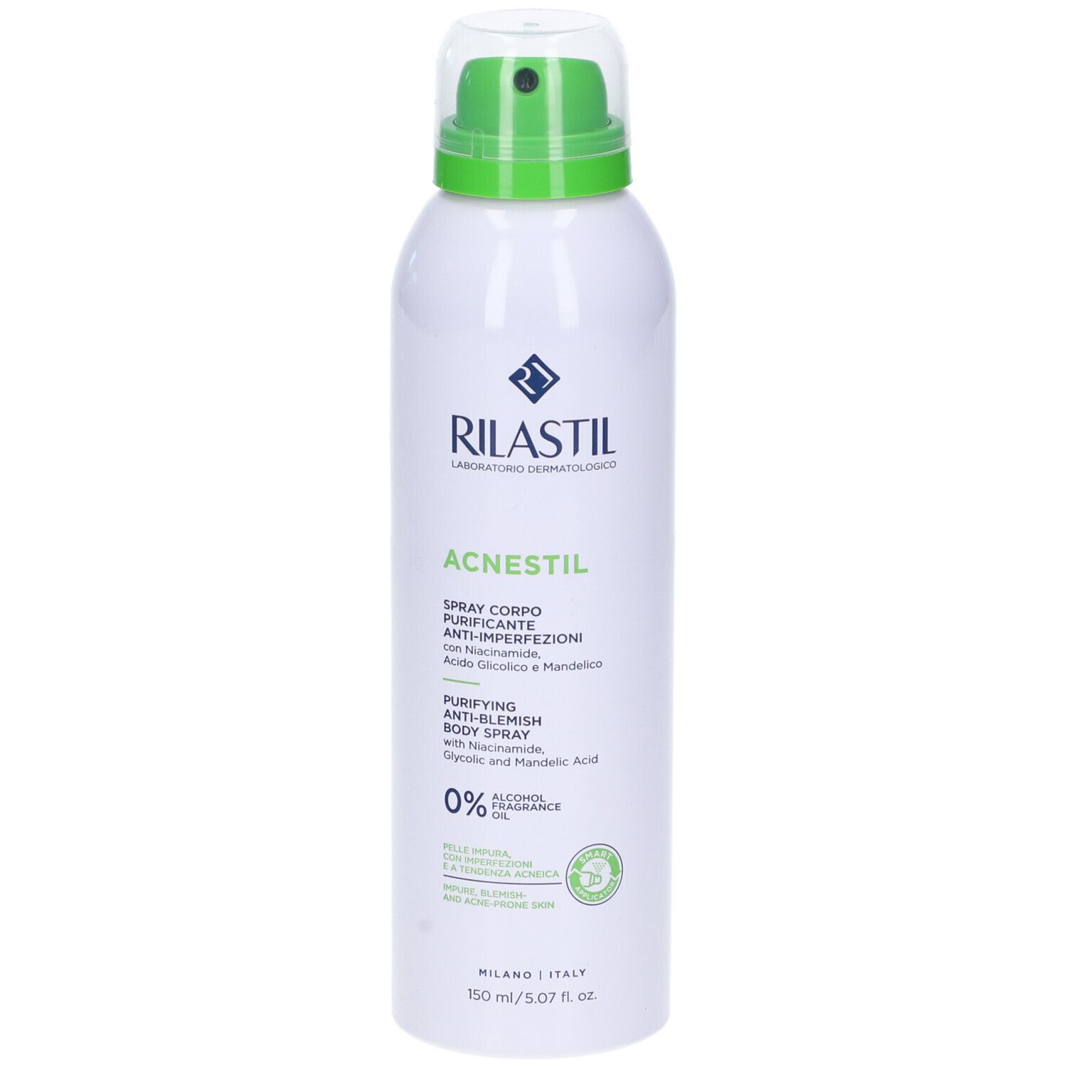 Rilastil Acnestil Spray Corpo. Flacon blanc avec vaporisateur vert. Texte: Acnestil, 0% alcool, 150 ml.