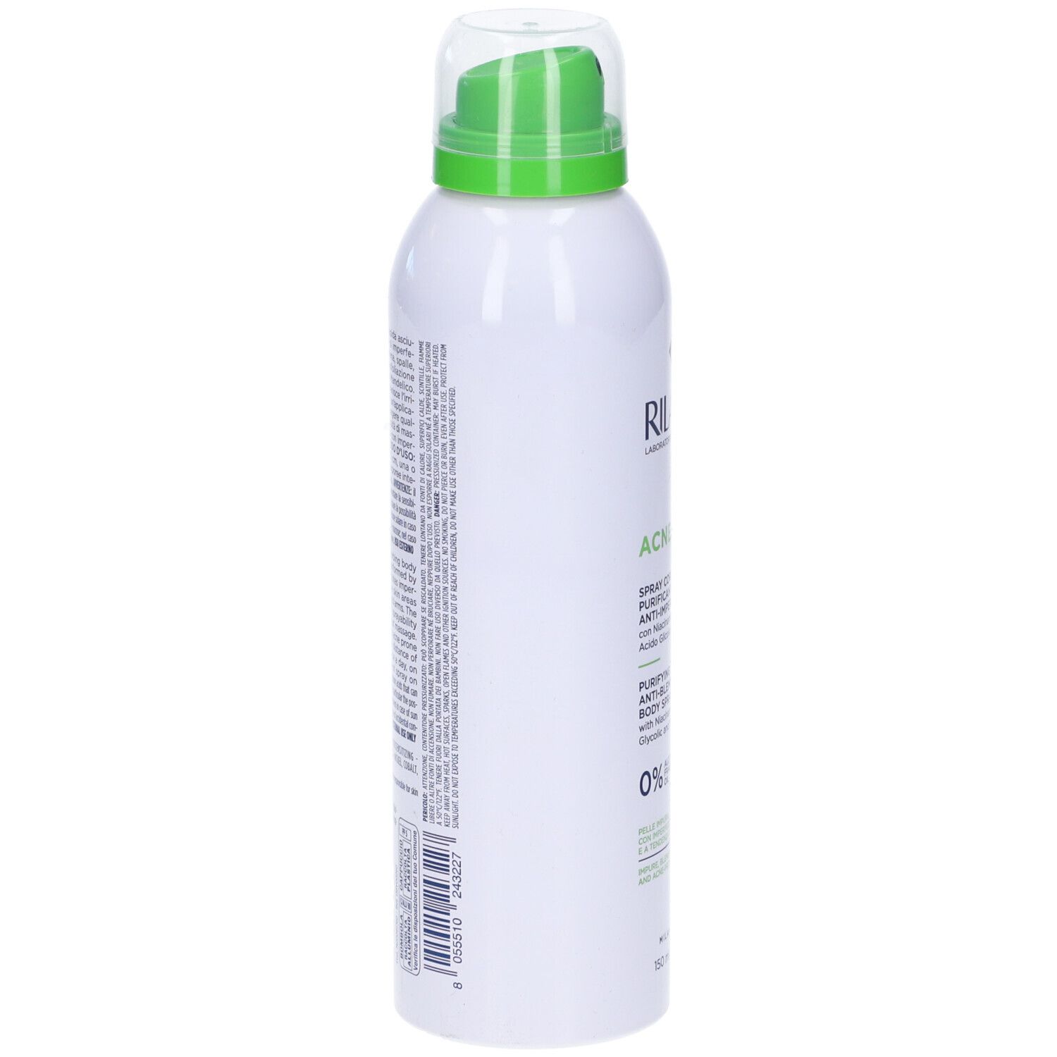 Rilastil Acnestil Spray Corpo. Bouteille blanche avec vaporisateur vert. Vue latérale avec texte. 0% alcool.