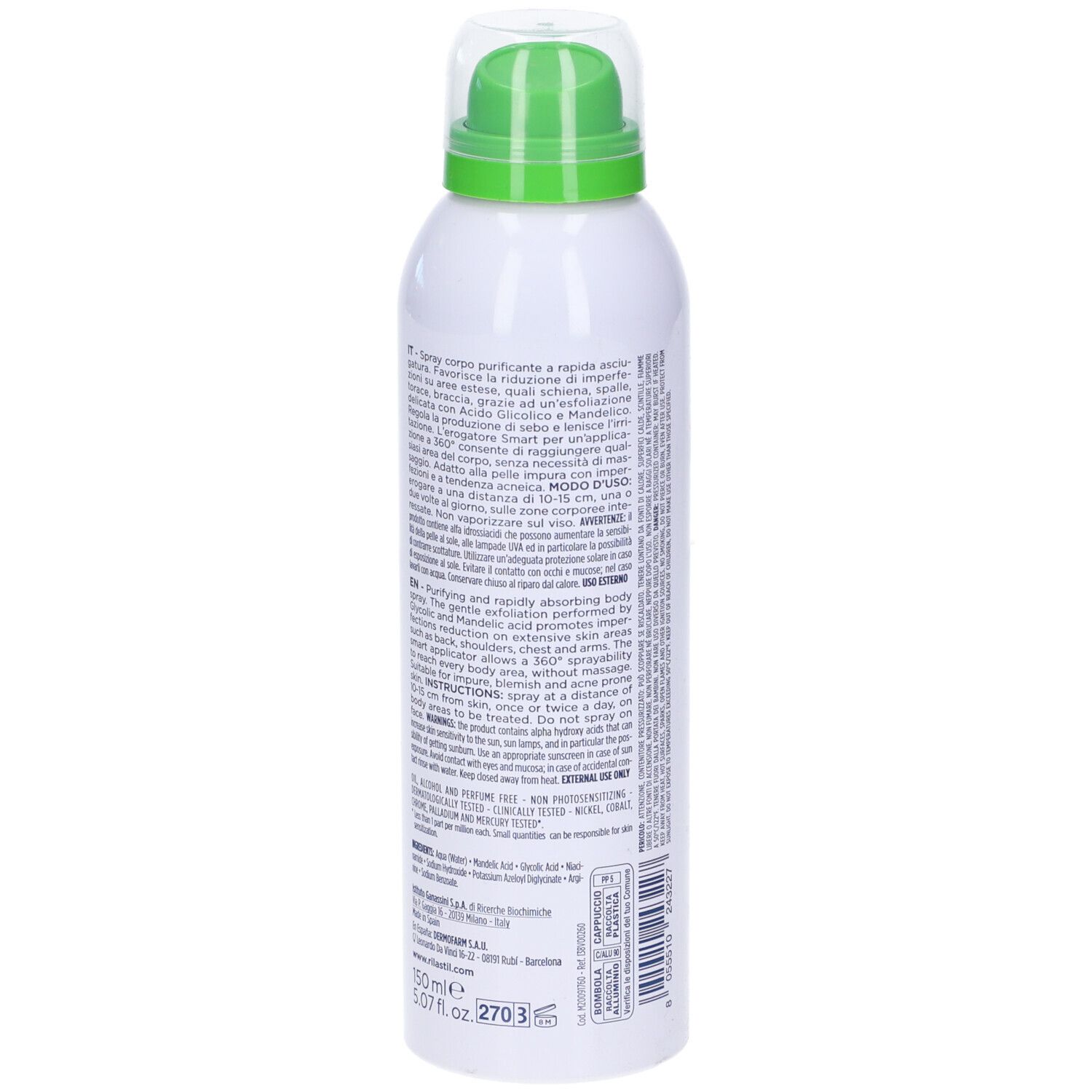 Rilastil Acnestil Spray Corpo. Bouteille blanche avec vaporisateur vert. Dos avec texte. 0% alcool.