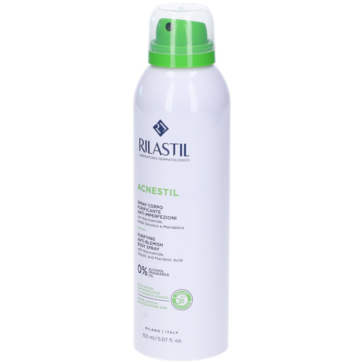 Rilastil Acnestil Spray Corpo. Flacon blanc avec vaporisateur vert. Texte: Acnestil, 0% alcool, 150 ml.