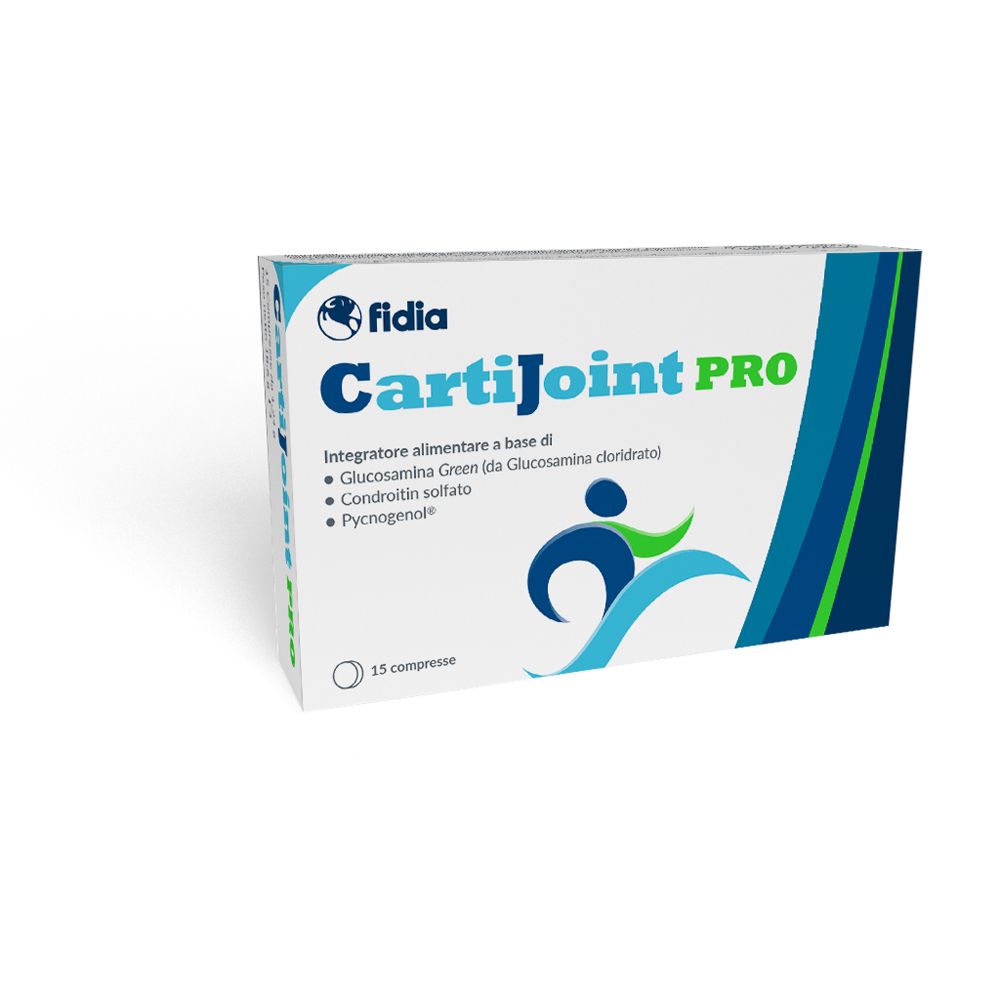 Boîte de Cartijoint Pro, 15 comprimés. Éléments de design bleus et verts. Marque Fidia.