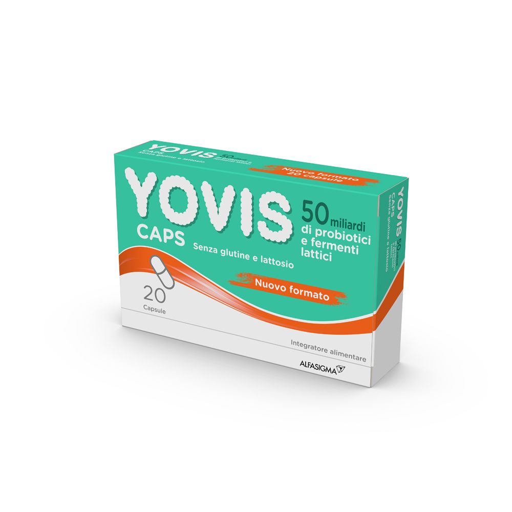 Boîte verte "Yovis Caps". Contient 20 gélules. Texte : "Senza glutine e lattosio".